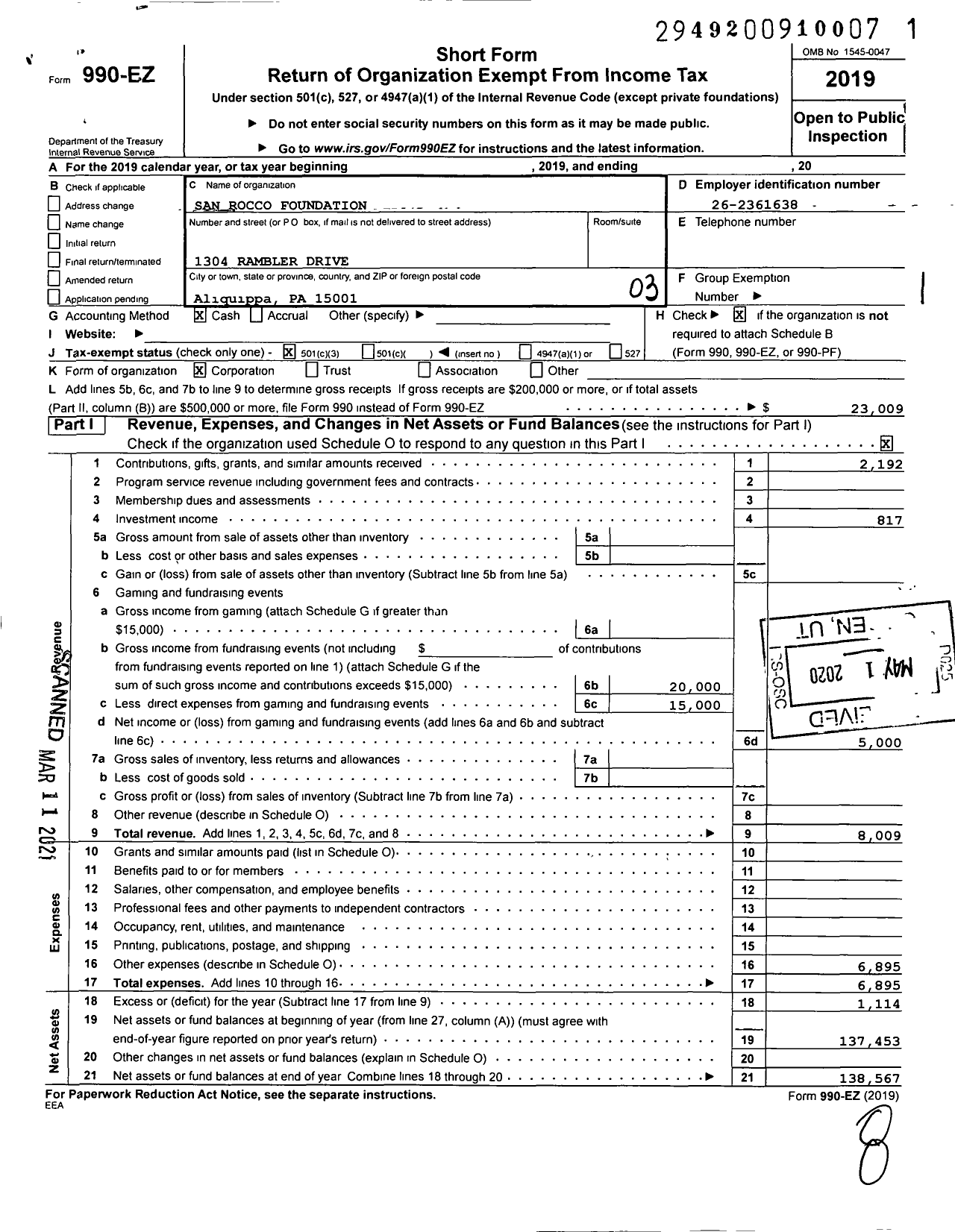 Image of first page of 2019 Form 990EZ for San Rocco Foundation