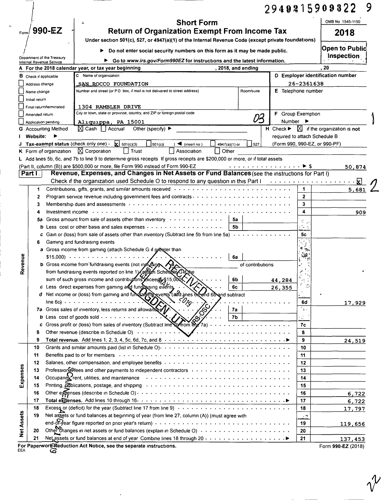 Image of first page of 2018 Form 990EZ for San Rocco Foundation