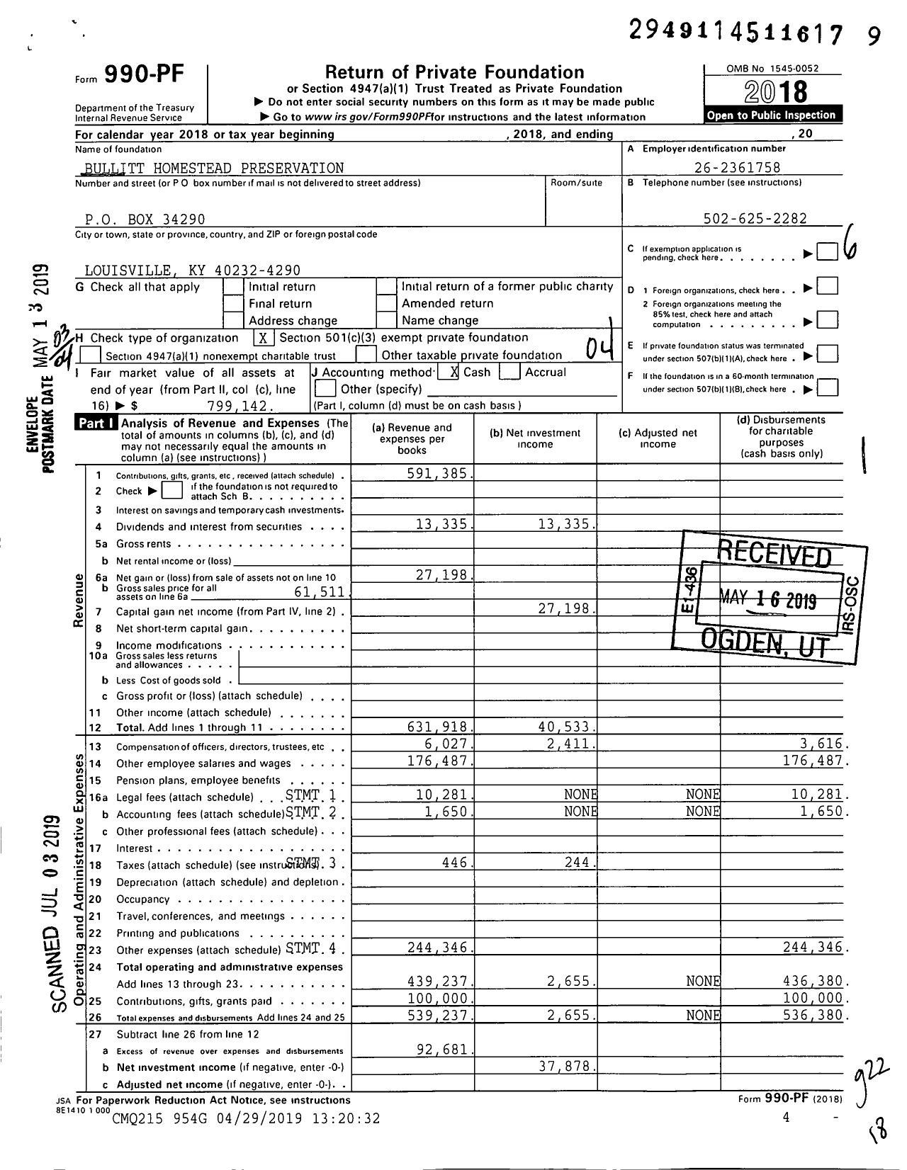 Image of first page of 2018 Form 990PF for Bullitt Homestead Preservation