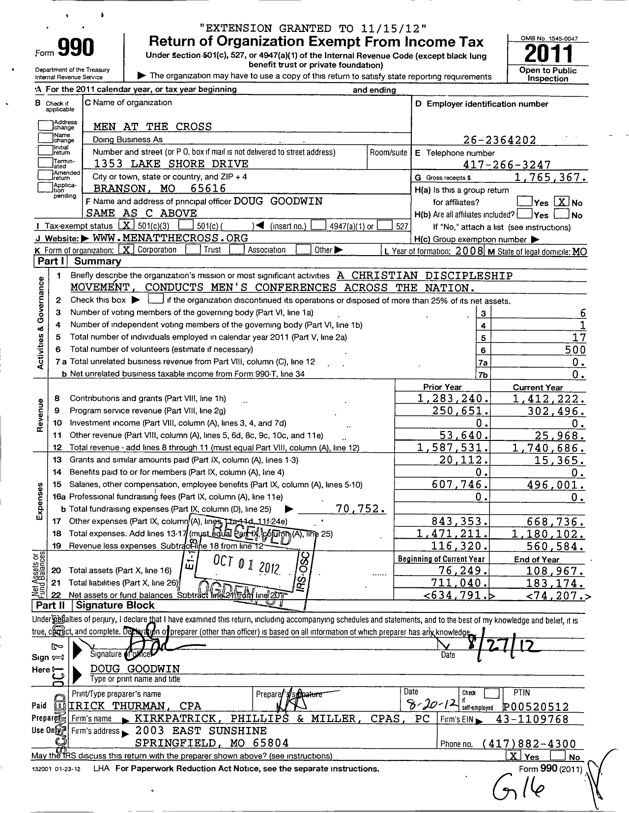 Image of first page of 2011 Form 990 for Men at the Cross