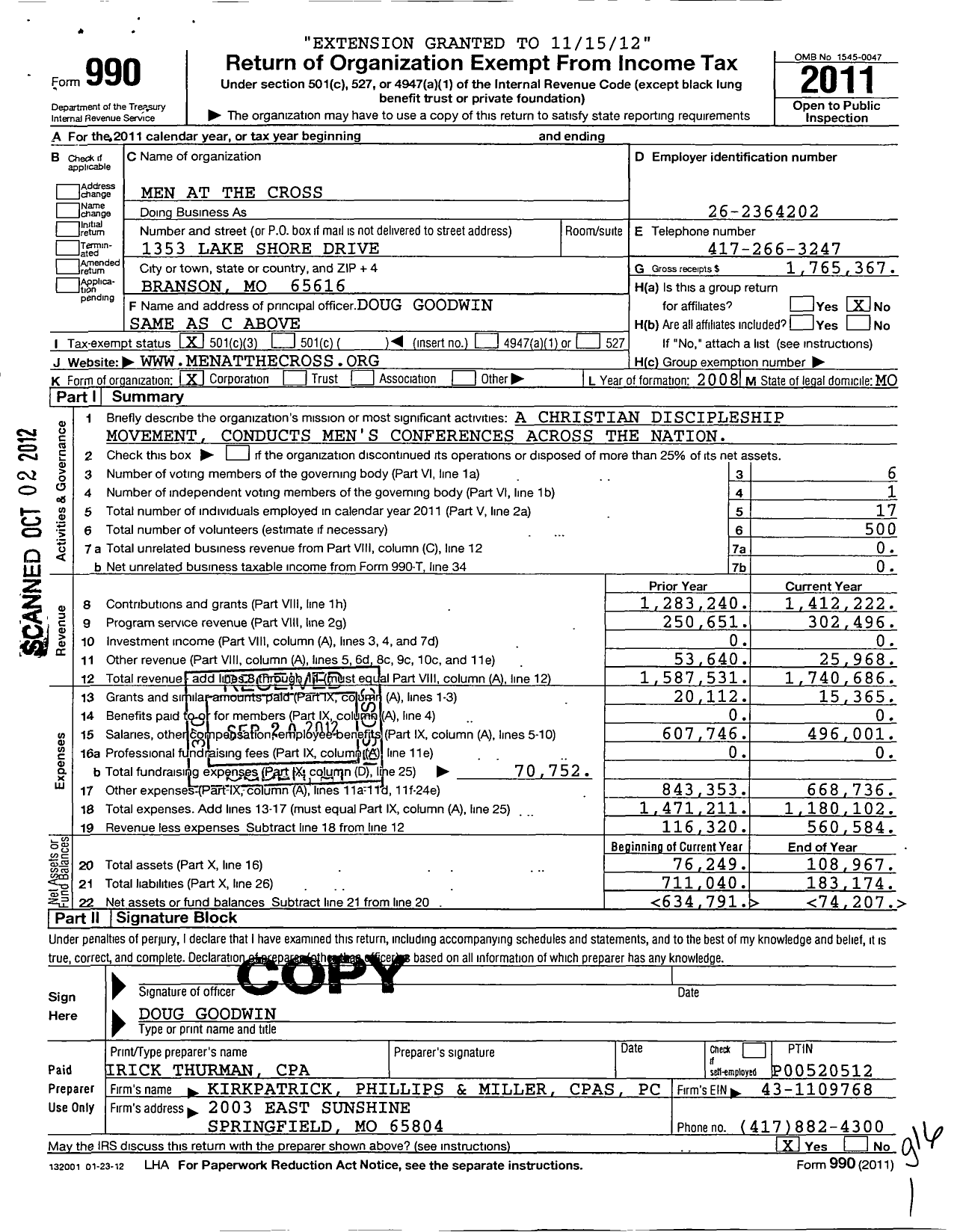 Image of first page of 2011 Form 990 for Men at the Cross