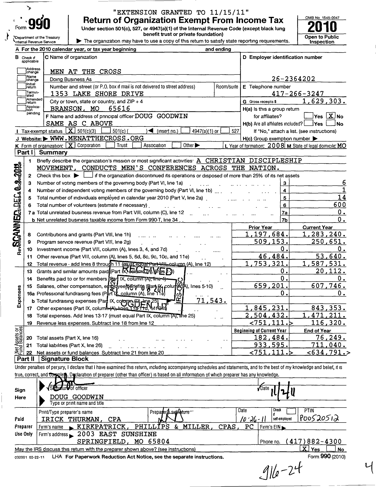 Image of first page of 2010 Form 990 for Men at the Cross