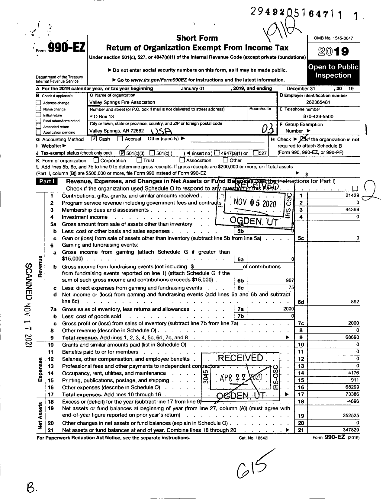 Image of first page of 2019 Form 990EZ for Valley Springs Fire Association