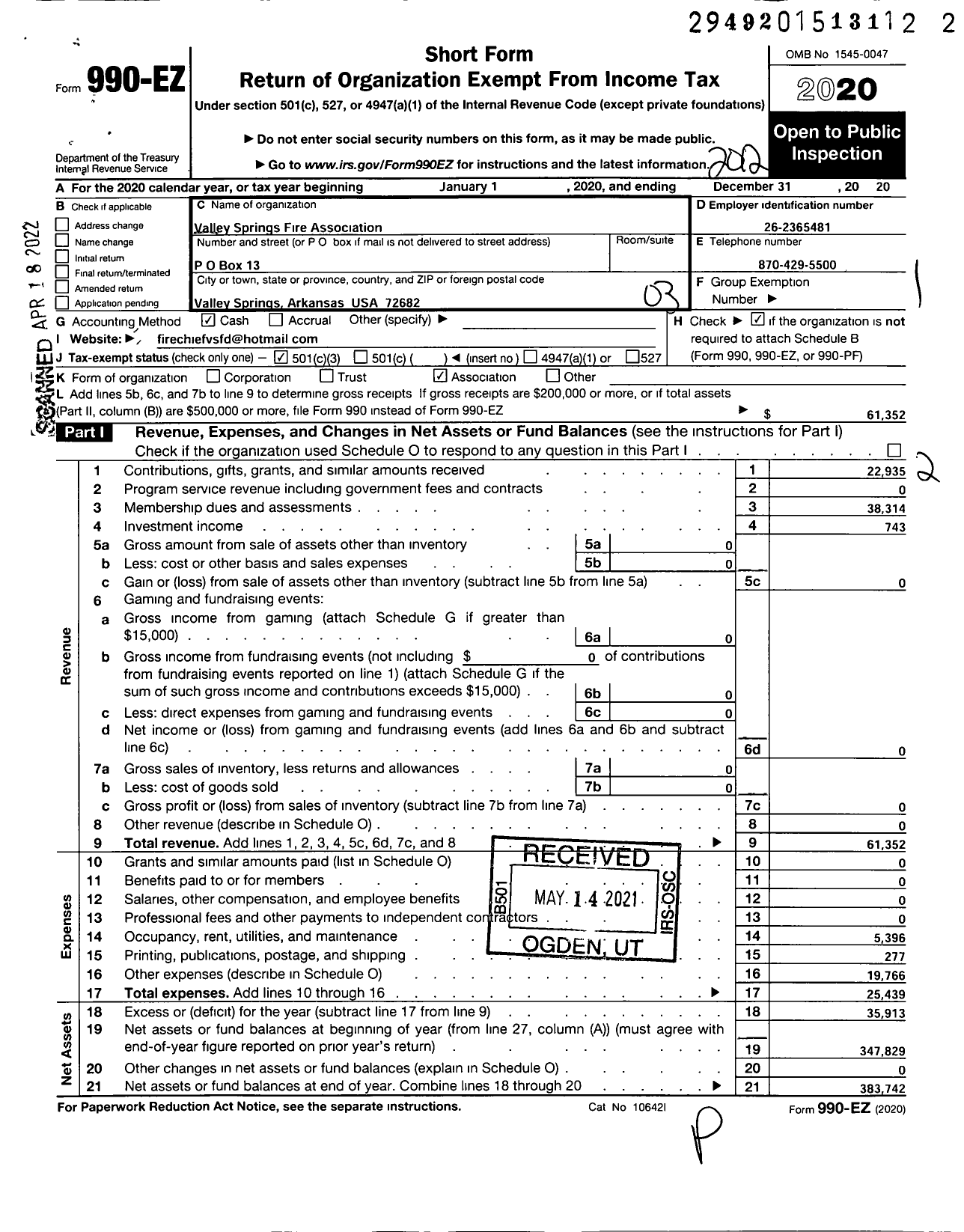 Image of first page of 2020 Form 990EZ for Valley Springs Fire Association