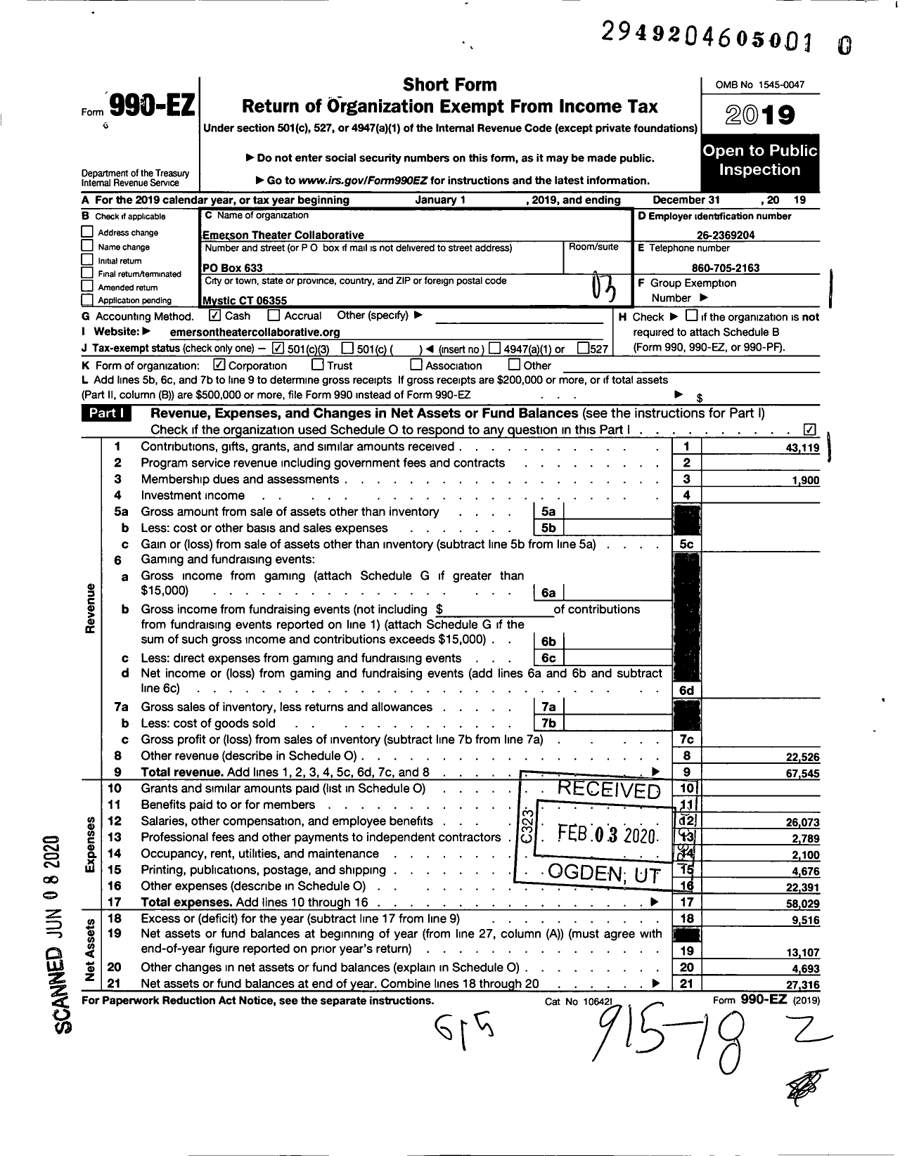 Image of first page of 2019 Form 990EZ for Emerson Theater Collaborative