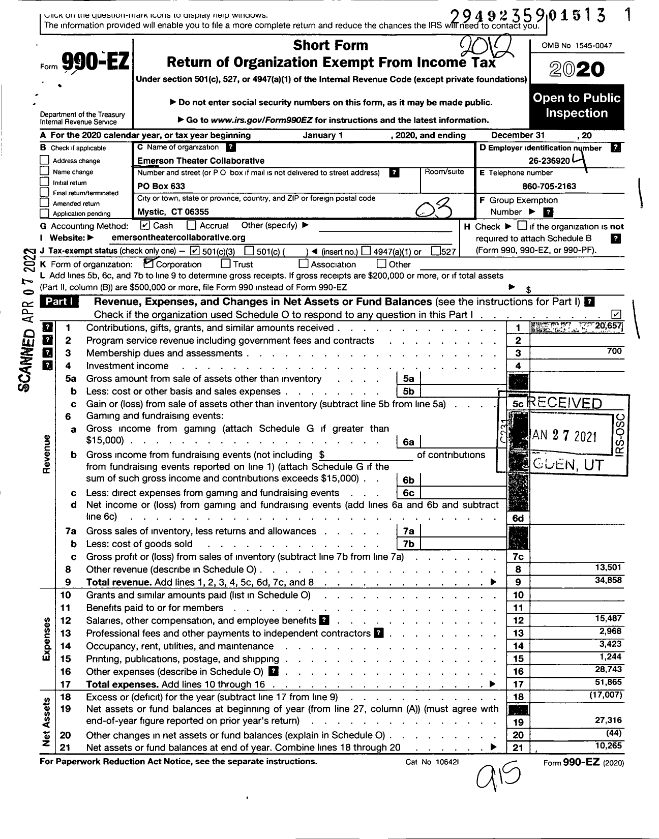 Image of first page of 2020 Form 990EZ for Emerson Theater Collaborative