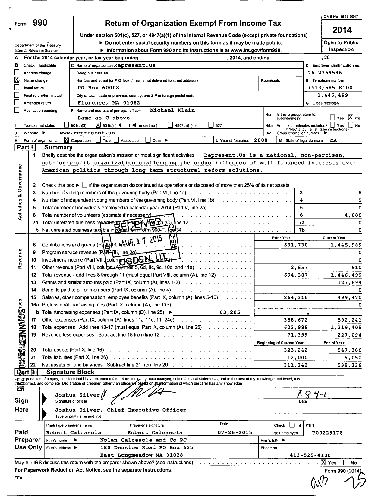 Image of first page of 2014 Form 990O for RepresentUs
