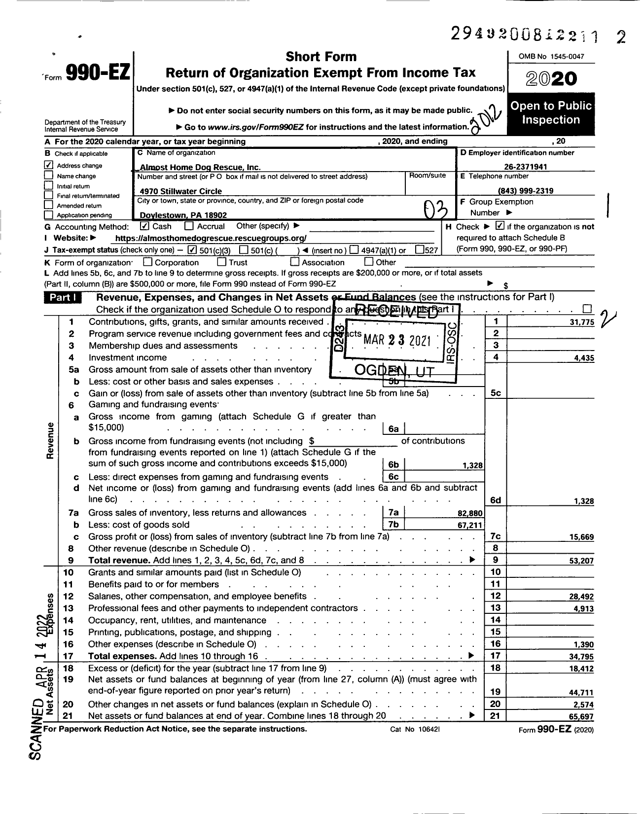 Image of first page of 2020 Form 990EZ for Almost Home Dog Rescue