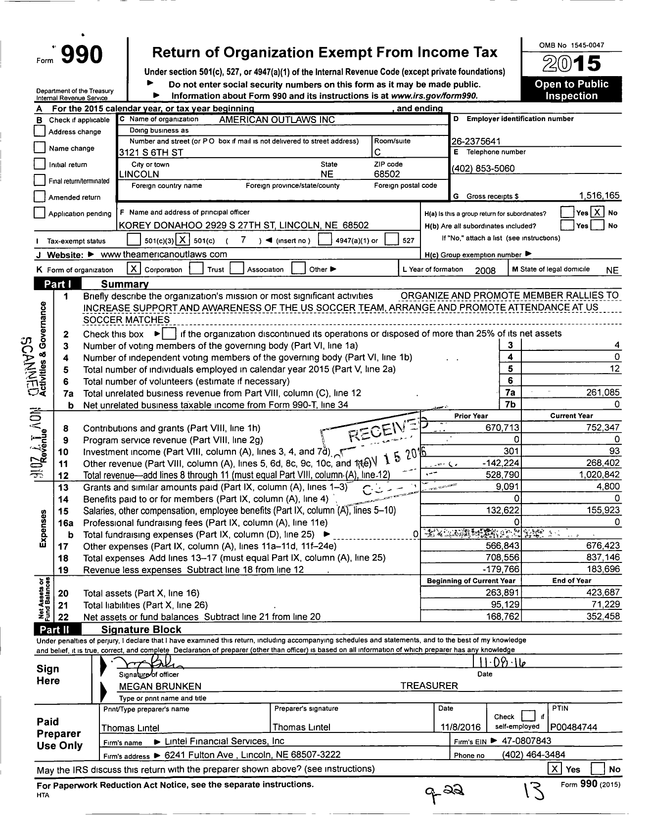 Image of first page of 2015 Form 990O for American Outlaws