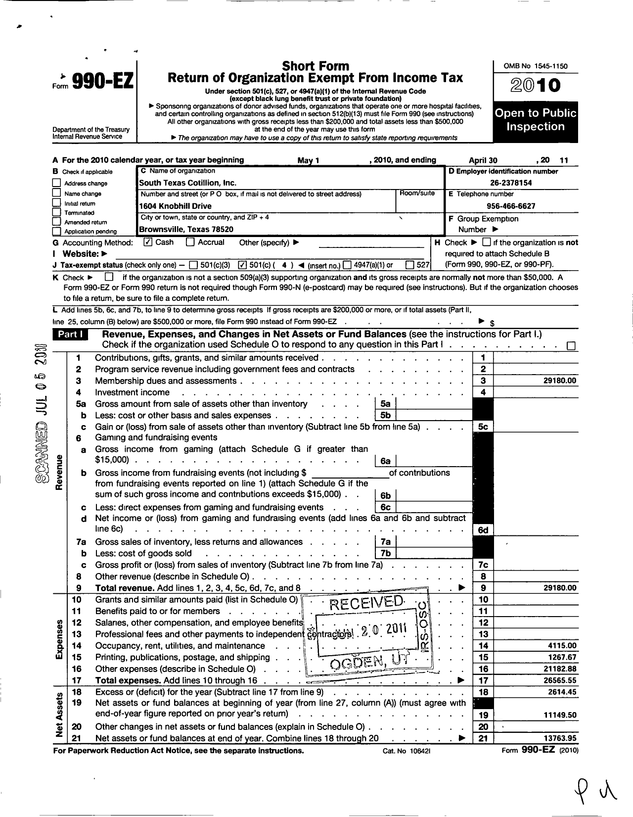 Image of first page of 2010 Form 990EO for South Texas Cotillon