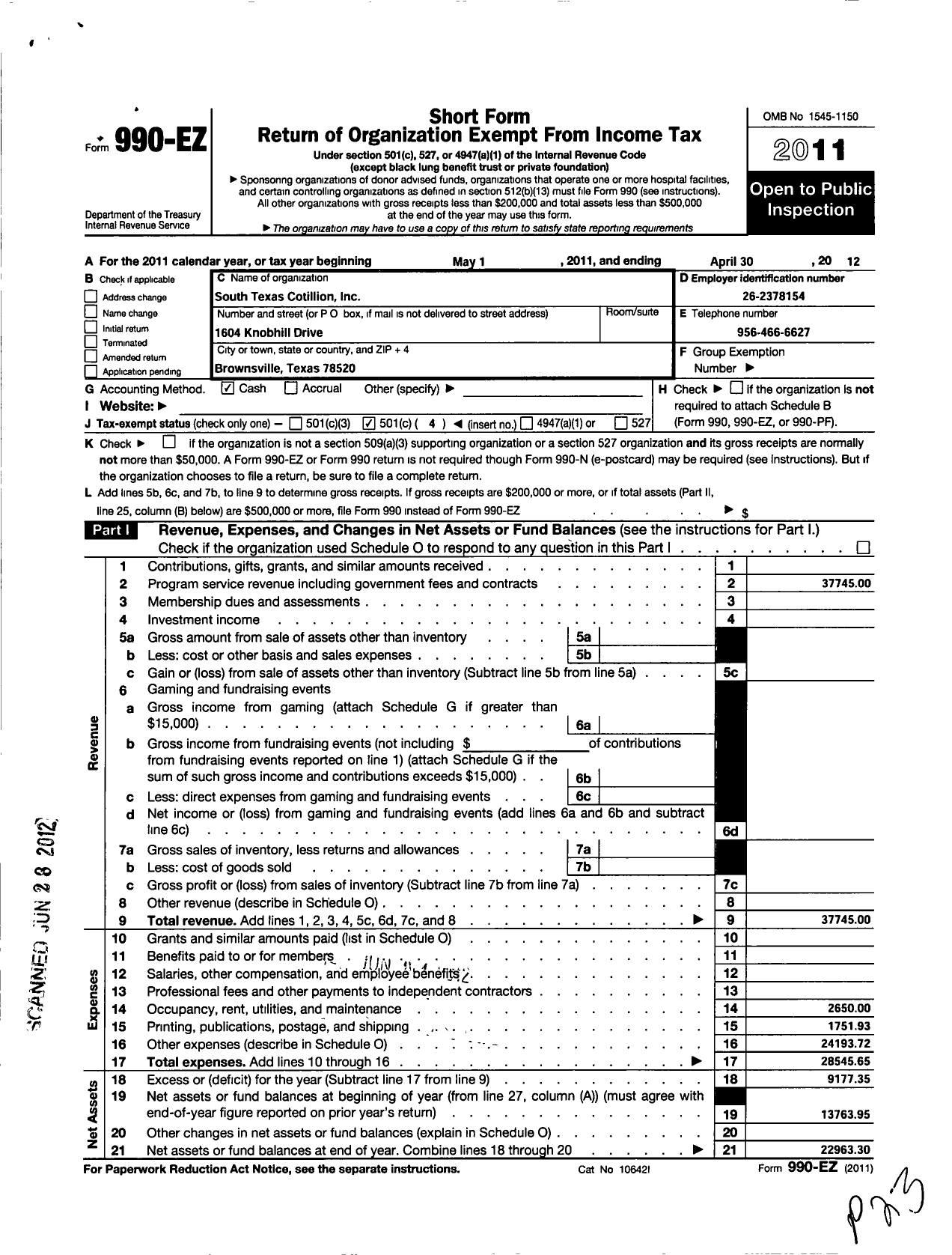 Image of first page of 2011 Form 990EO for South Texas Cotillon