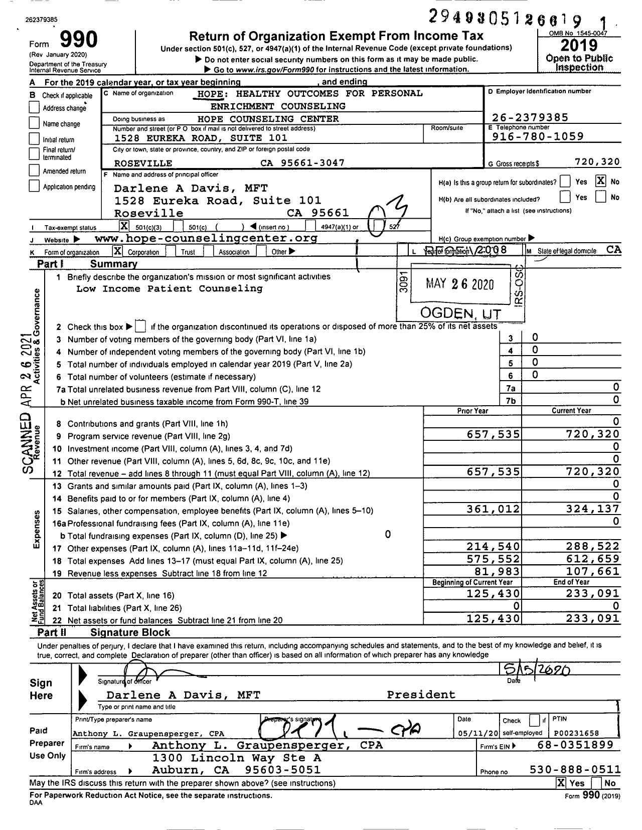 Image of first page of 2019 Form 990 for Hope Healthy Outcomes for Personal Enrichment Counseling Center