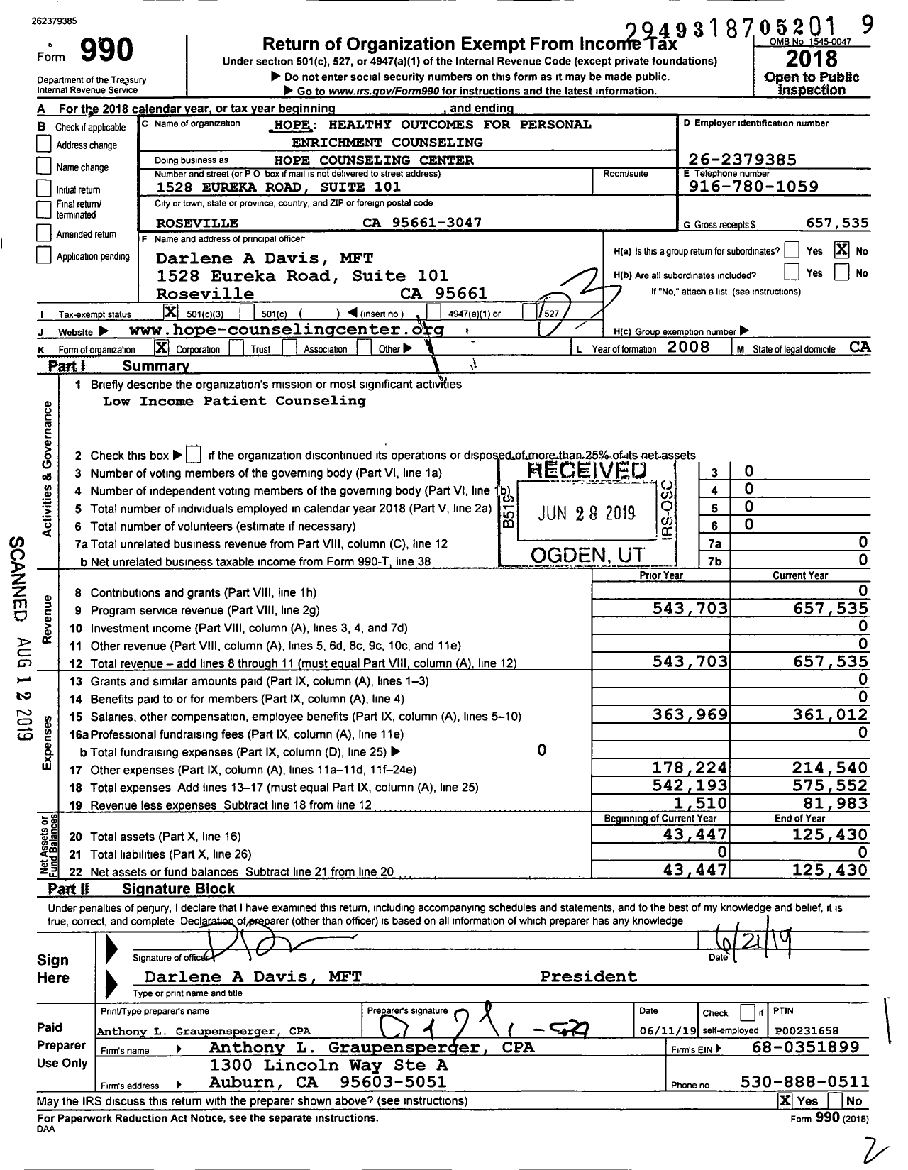 Image of first page of 2018 Form 990 for Hope Healthy Outcomes for Personal Enrichment Counseling Center