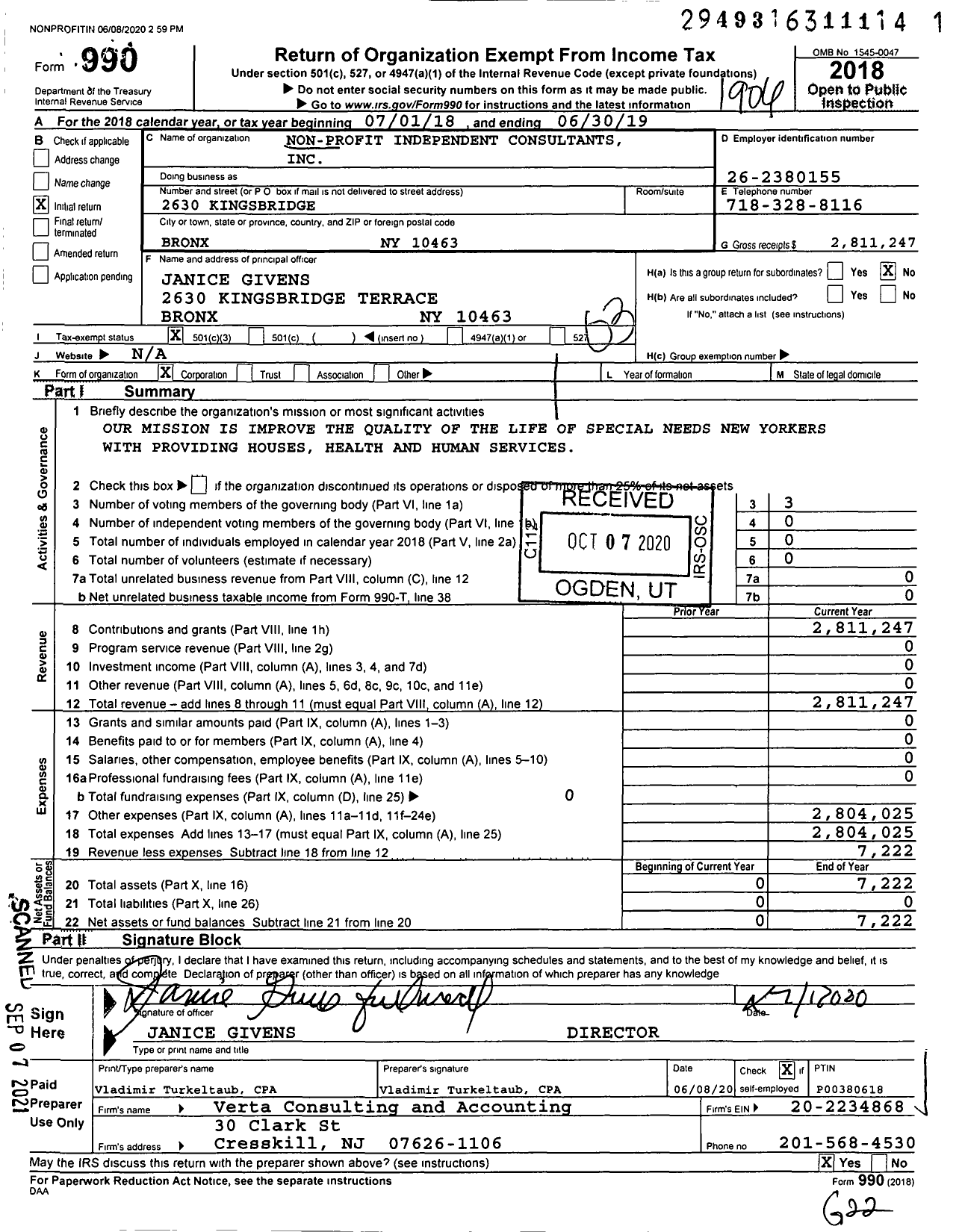 Image of first page of 2018 Form 990 for Non Profit Independent Consultants