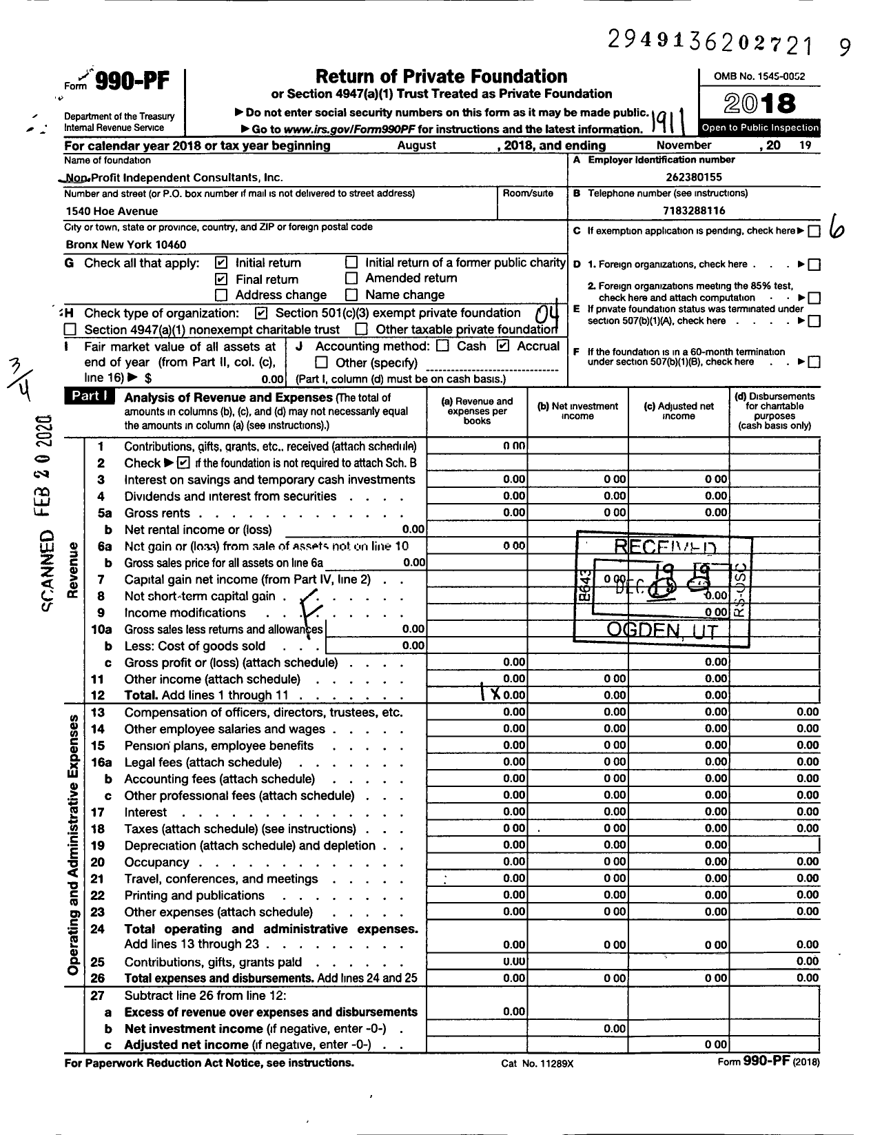 Image of first page of 2018 Form 990PF for Non Profit Independent Consultants