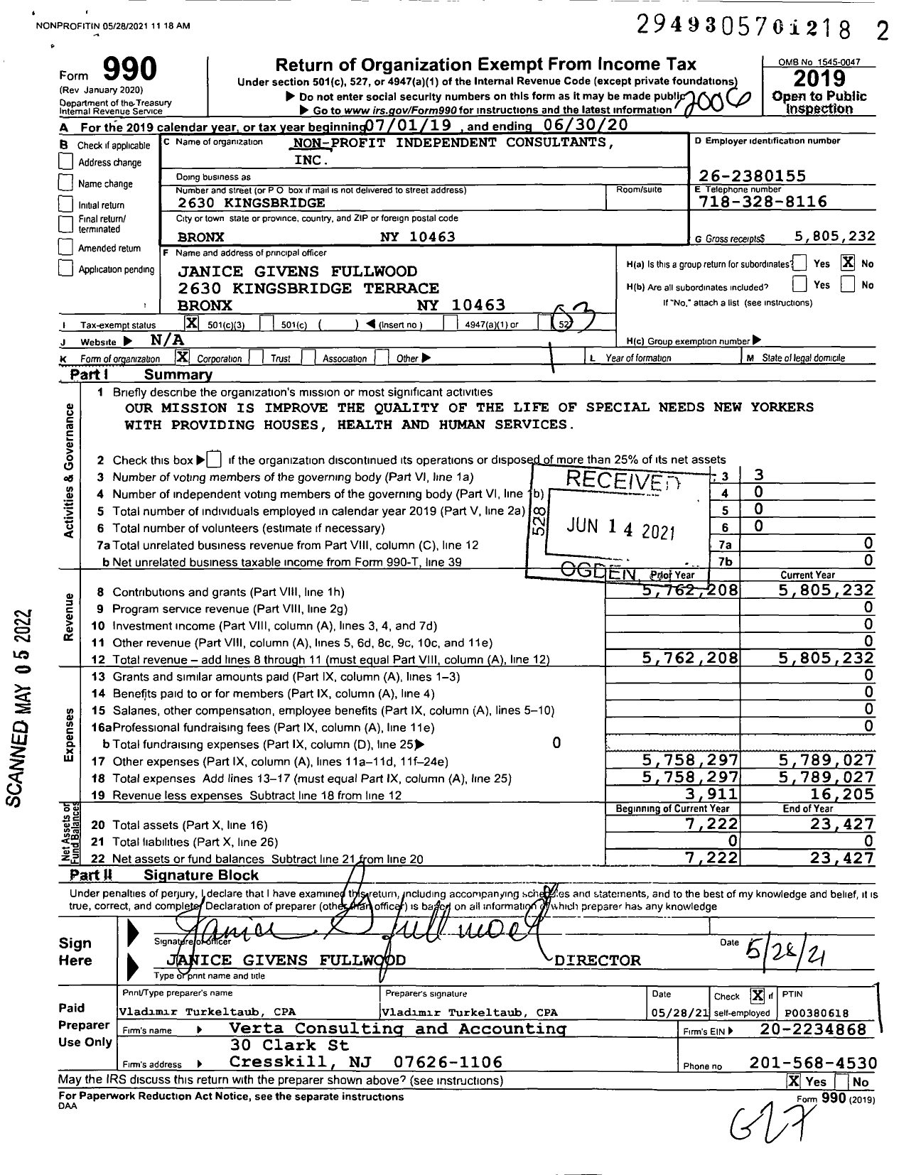 Image of first page of 2019 Form 990 for Non Profit Independent Consultants