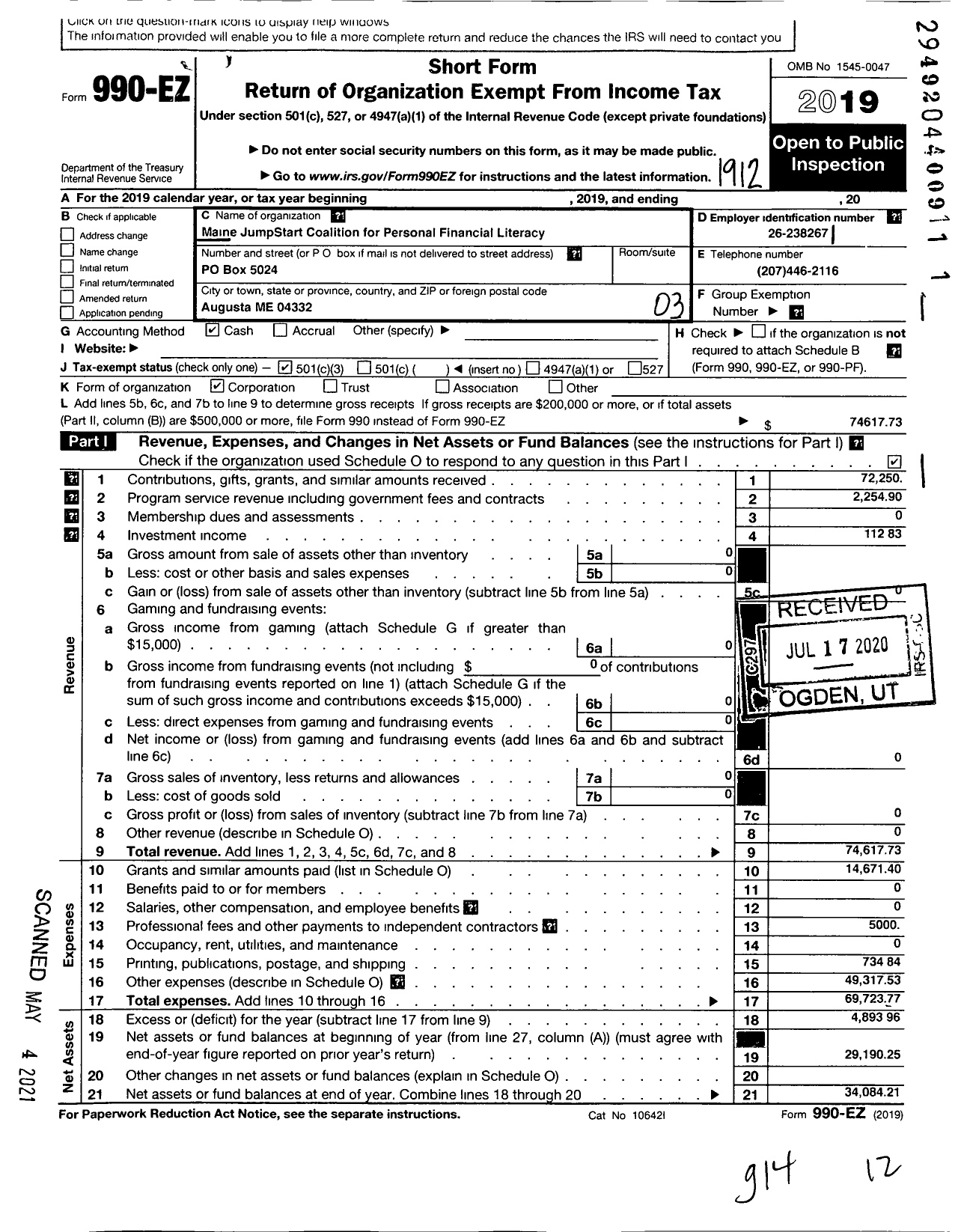 Image of first page of 2019 Form 990EZ for Jumpstart Coalition for Personal Financial Literacy / Maine Jumpstart Coalition