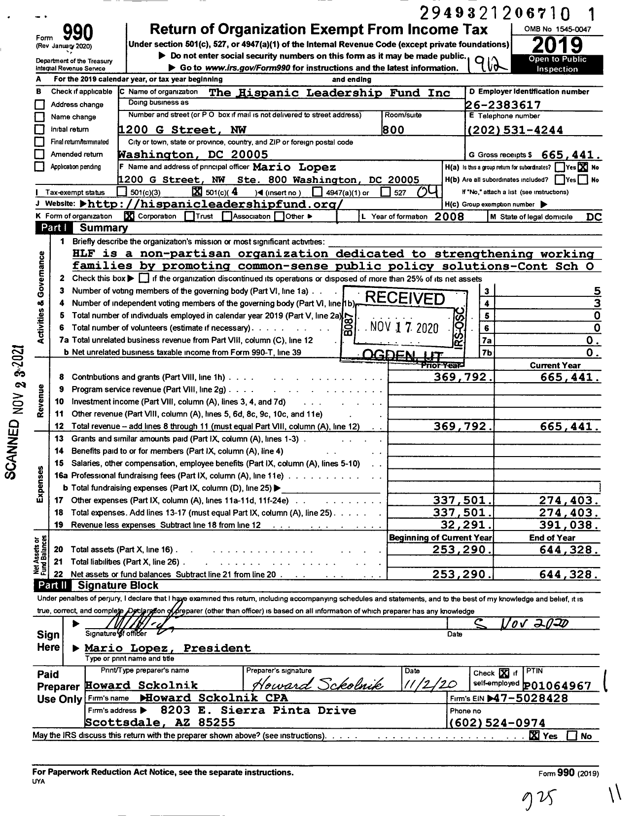 Image of first page of 2019 Form 990O for The Hispanic Leadership Fund