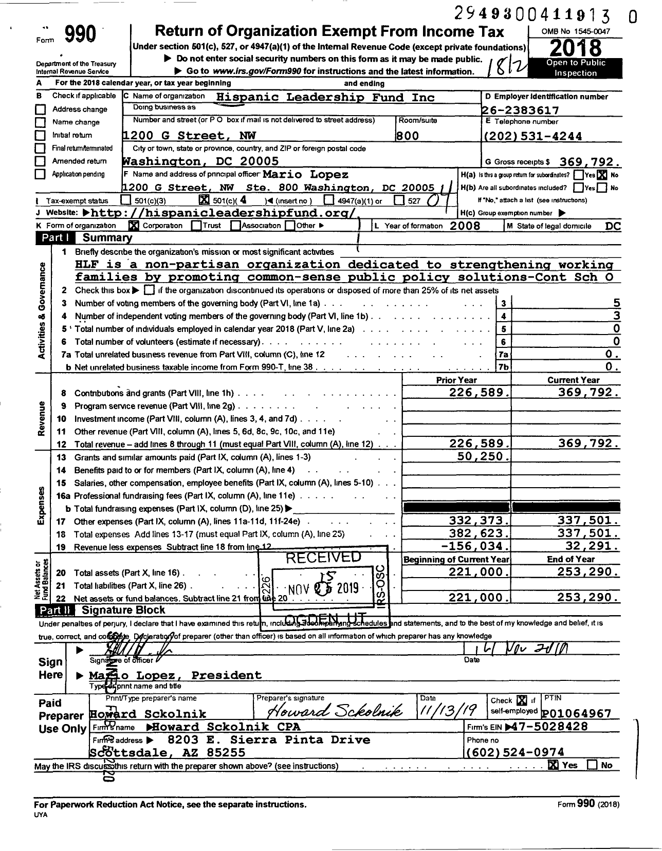 Image of first page of 2018 Form 990O for The Hispanic Leadership Fund