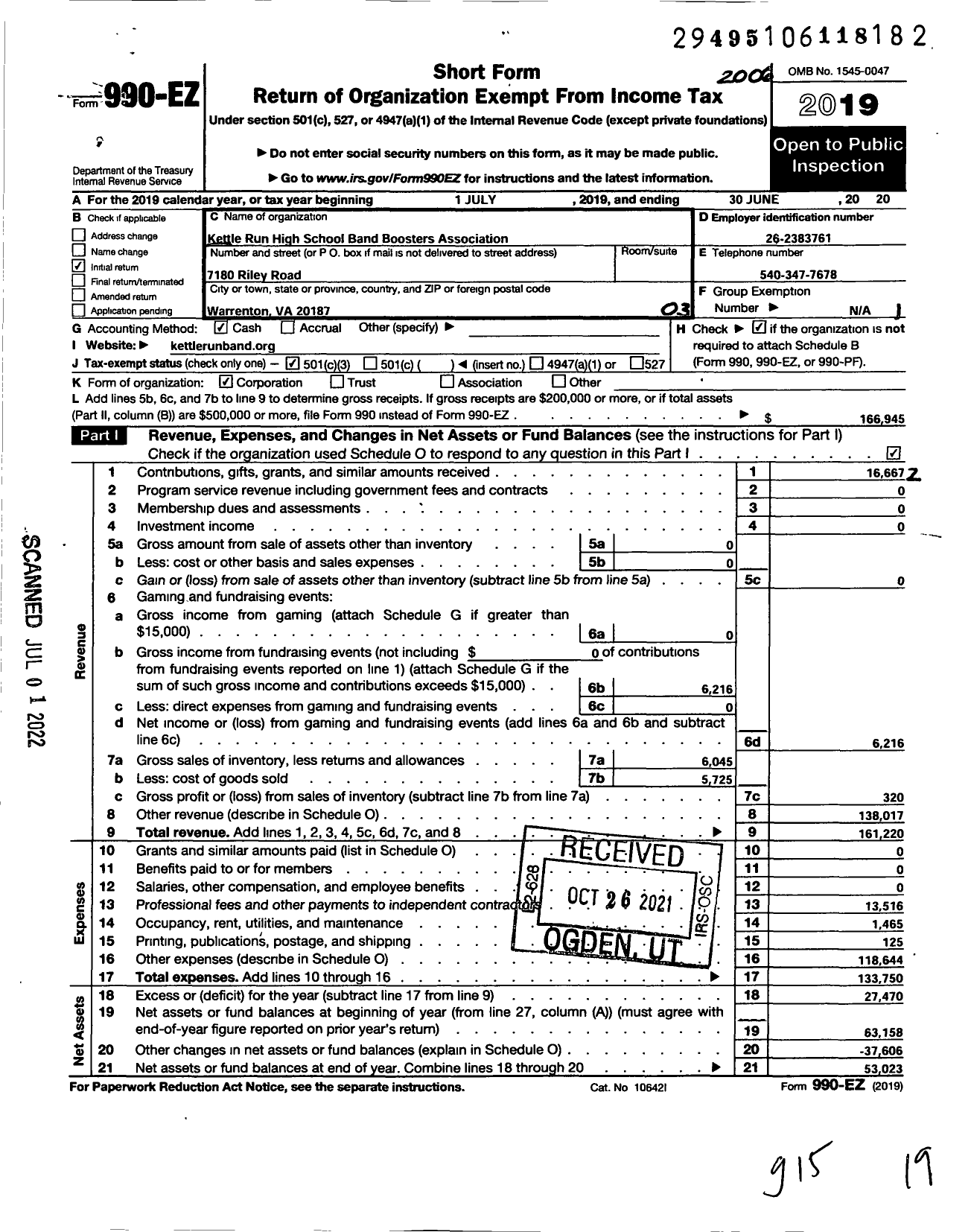 Image of first page of 2019 Form 990EZ for Kettle Run HS Band Boosters Association