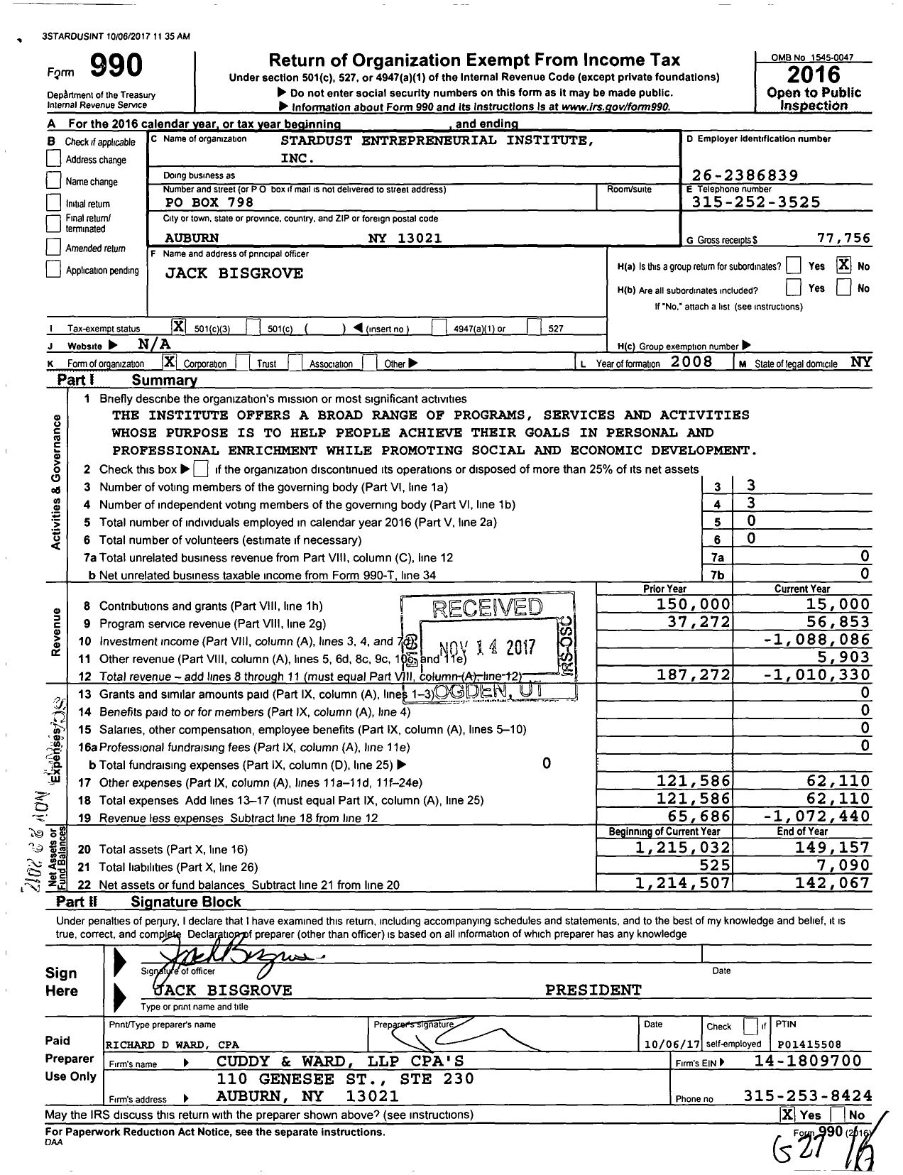 Image of first page of 2016 Form 990 for Stardust Entrepreneurial Institute