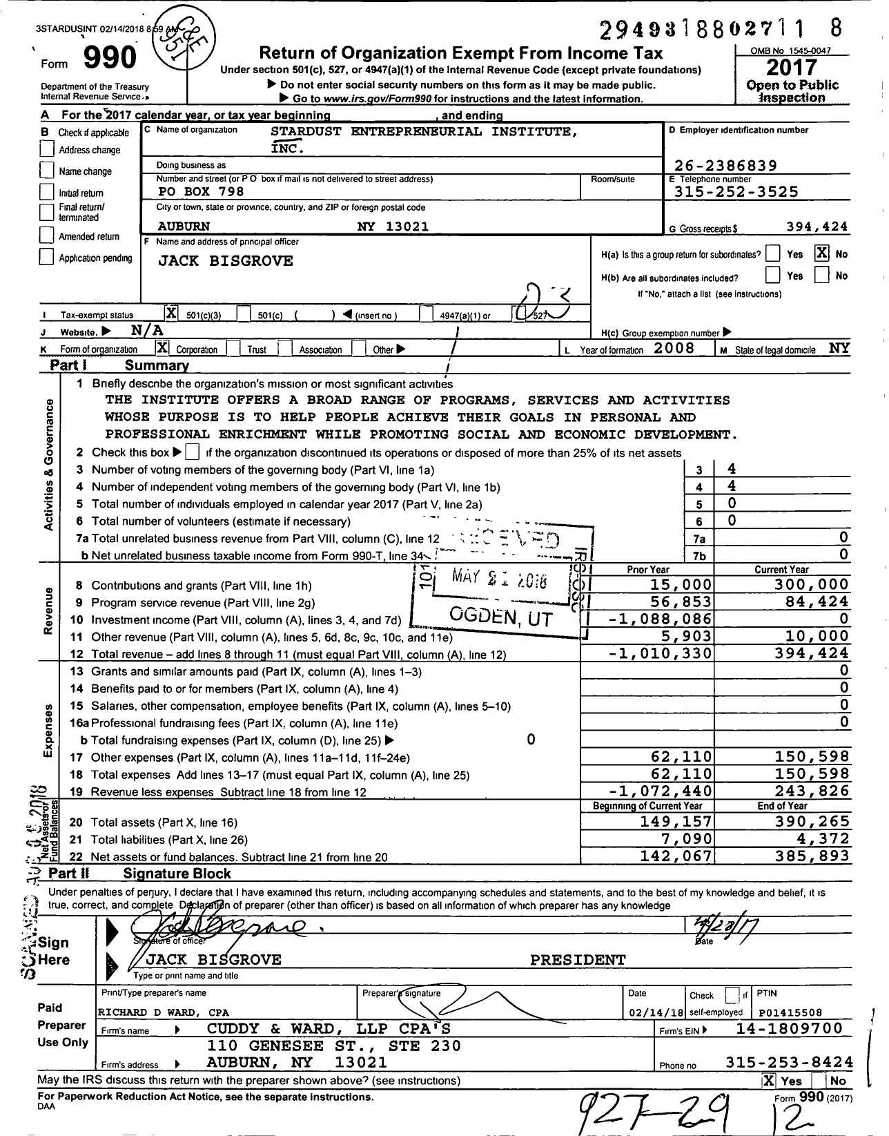 Image of first page of 2017 Form 990 for Stardust Entrepreneurial Institute