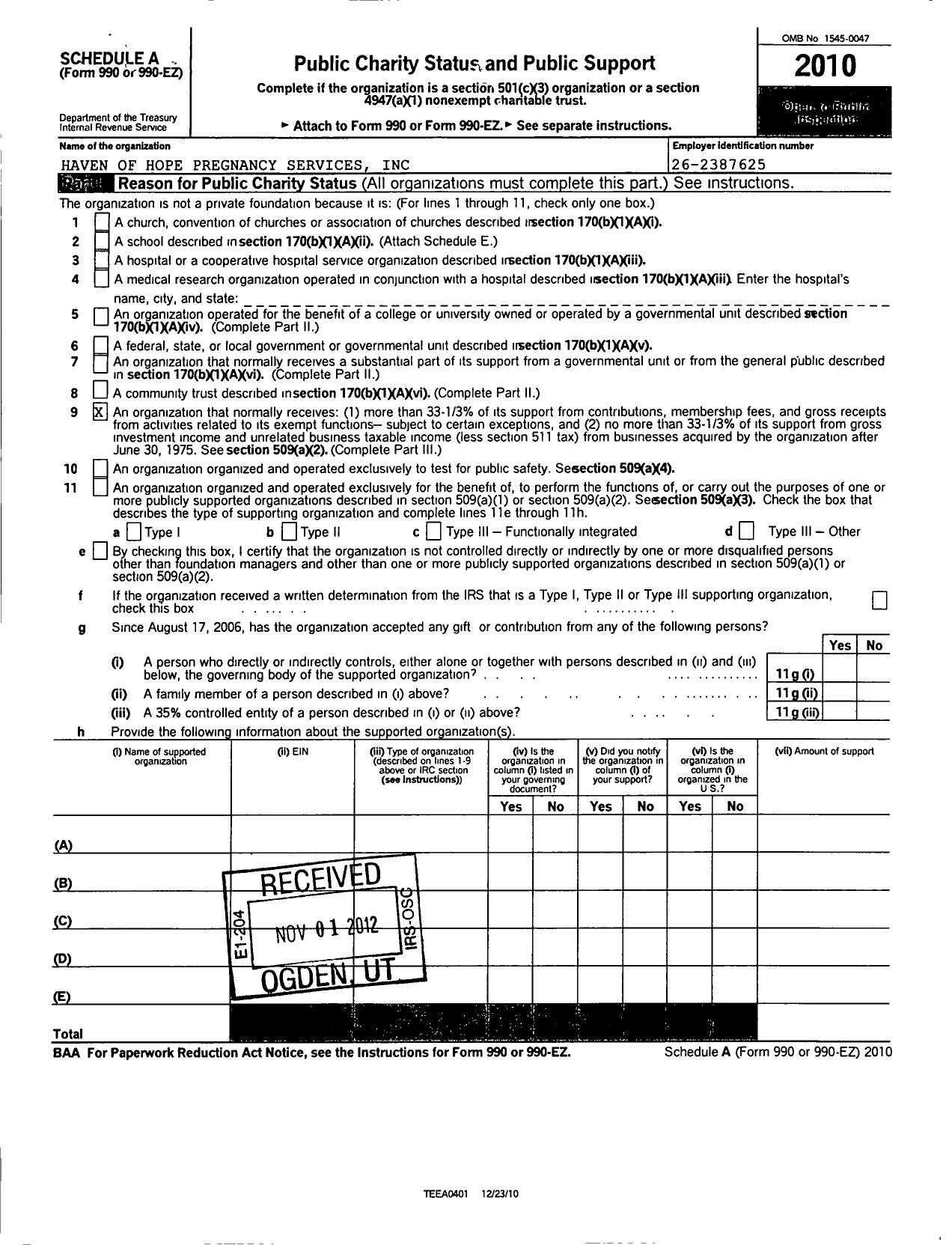 Image of first page of 2010 Form 990ER for Haven of Hope PRC Incorporated