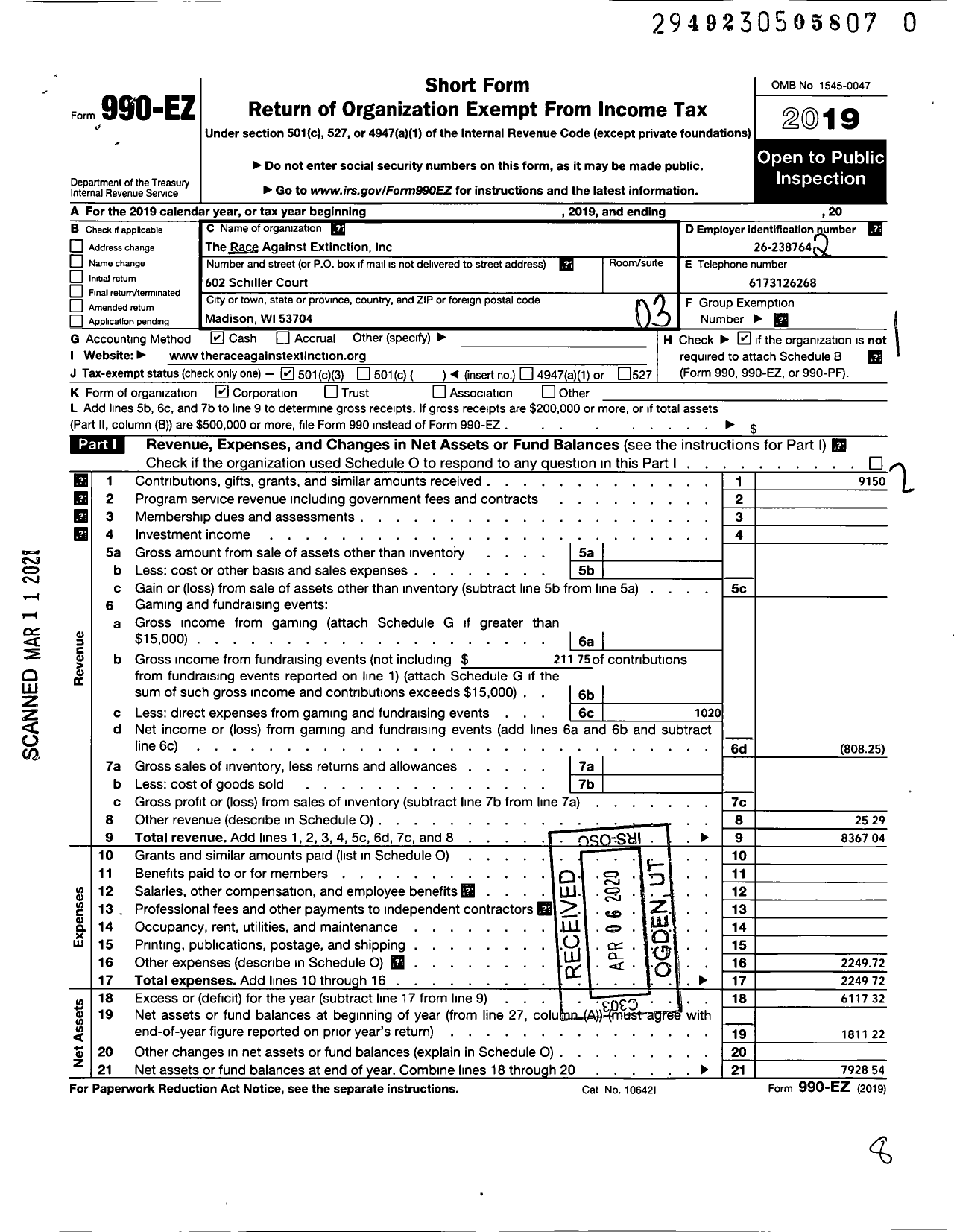 Image of first page of 2019 Form 990EZ for The Race Against Extinction