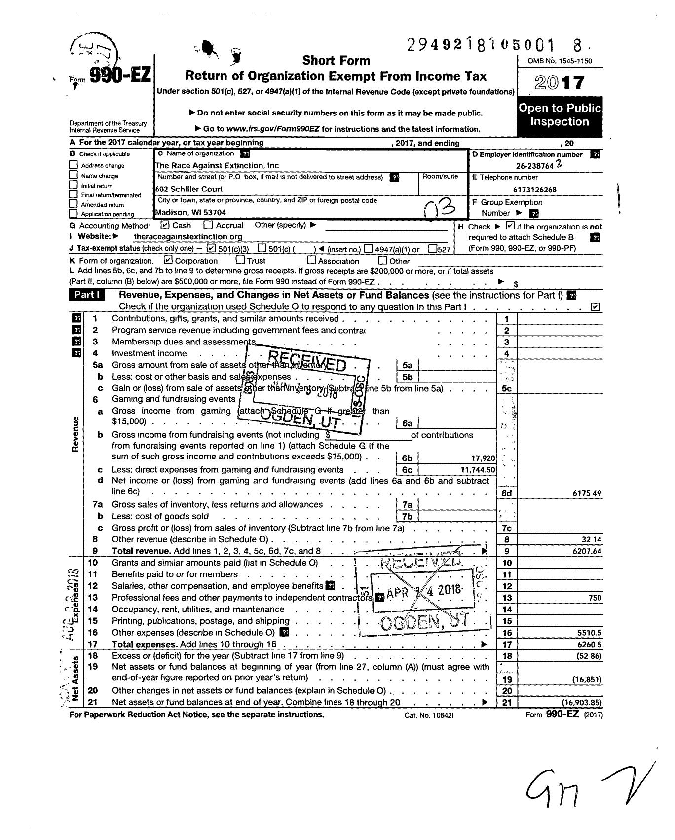 Image of first page of 2017 Form 990EZ for The Race Against Extinction