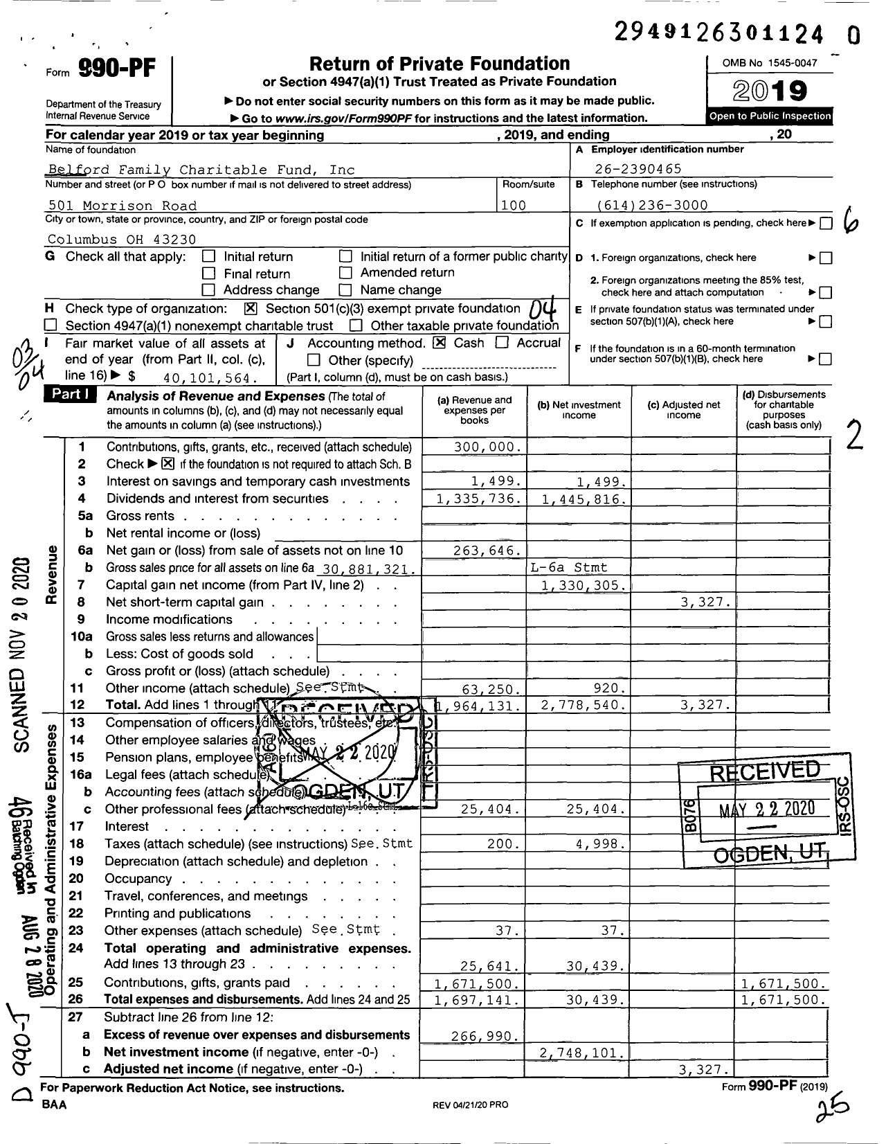 Image of first page of 2019 Form 990PF for Belford Family Charitable Fund