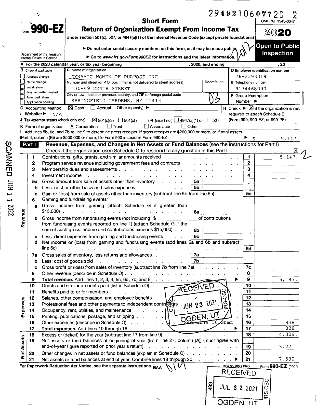 Image of first page of 2020 Form 990EZ for Dynamic Women Purpose