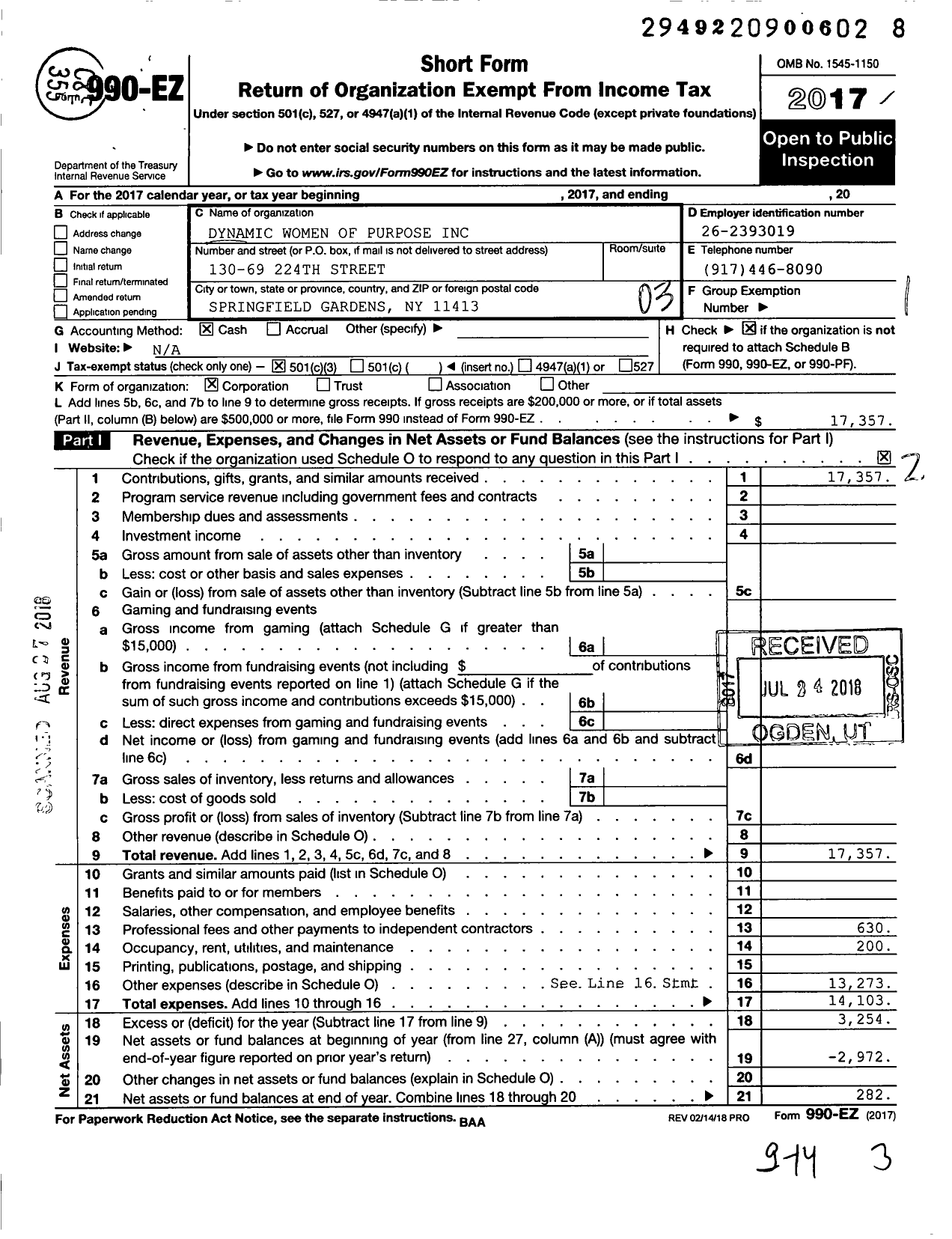 Image of first page of 2017 Form 990EZ for Dynamic Women Purpose