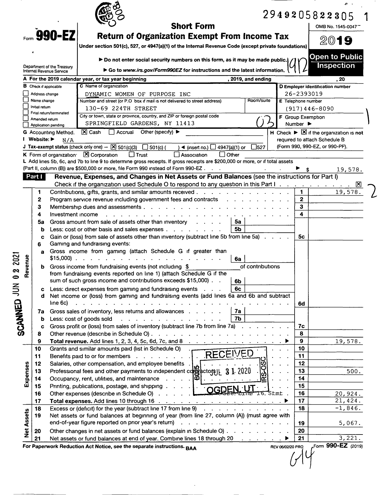 Image of first page of 2019 Form 990EZ for Dynamic Women Purpose