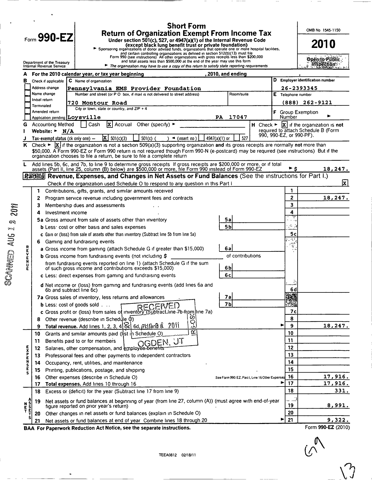 Image of first page of 2010 Form 990EZ for Pennsylania Ems Provider Foundation