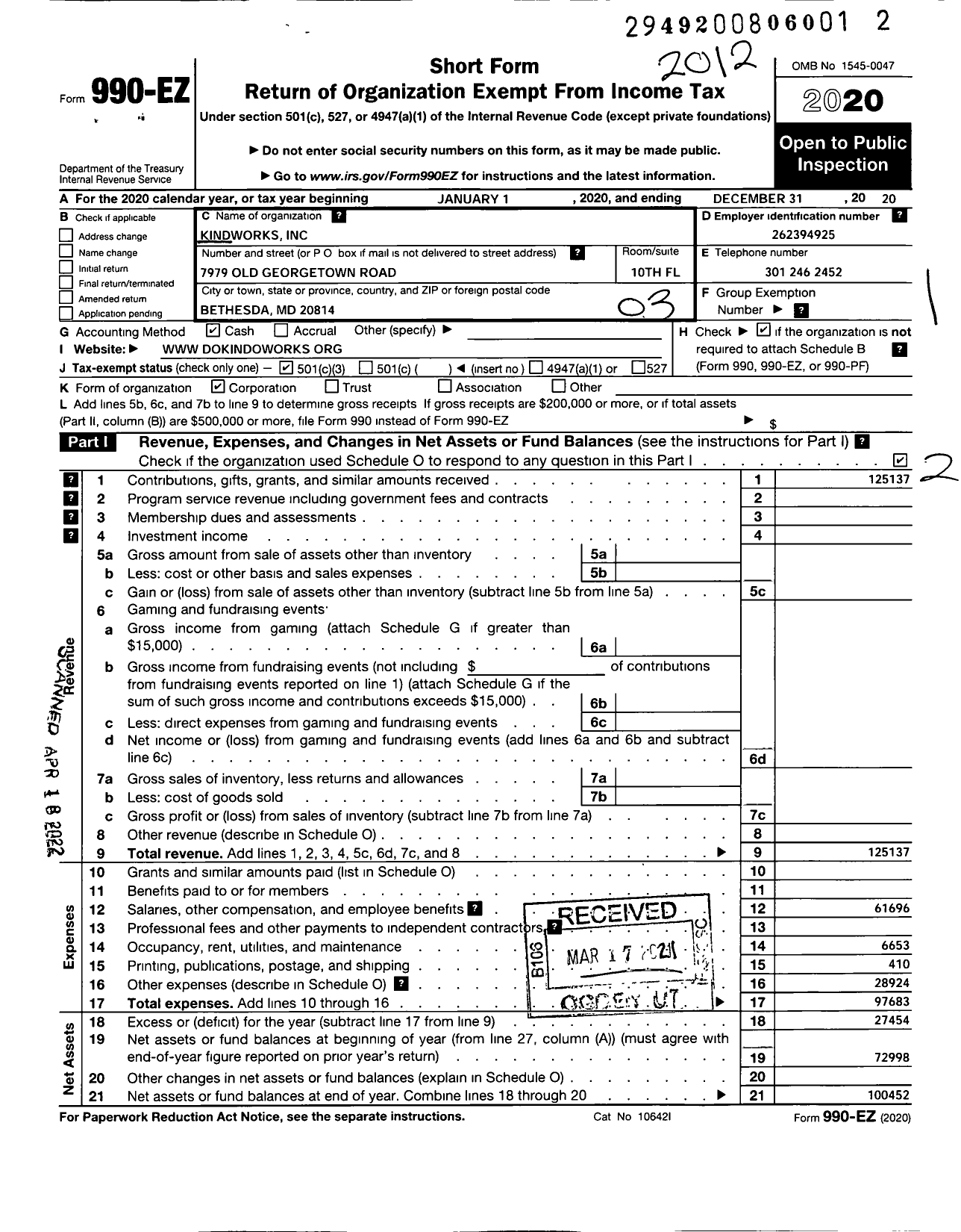 Image of first page of 2020 Form 990EZ for KindWorks