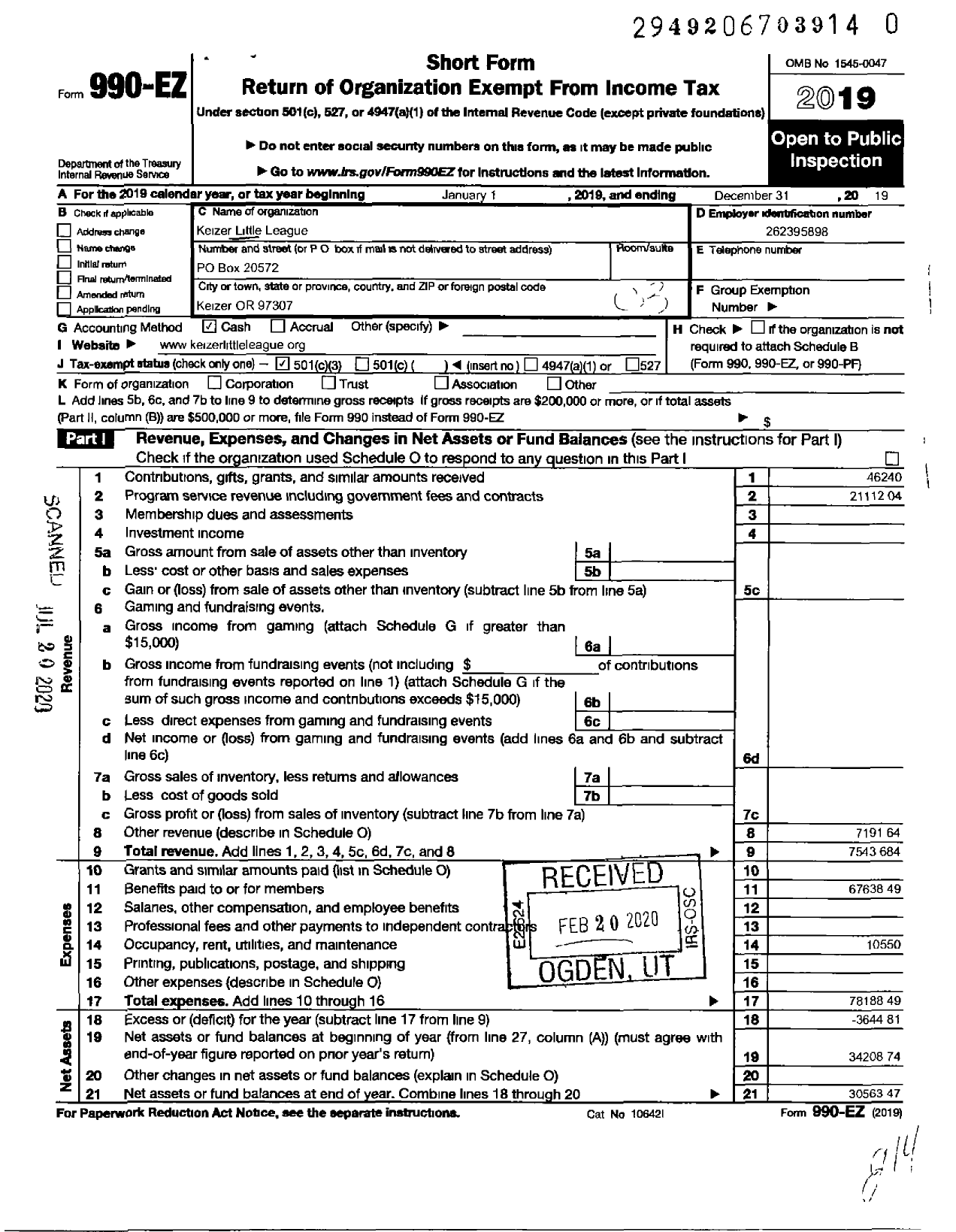 Image of first page of 2019 Form 990EZ for Little League Baseball