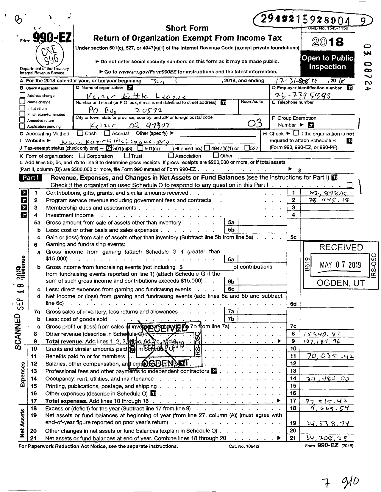 Image of first page of 2018 Form 990EZ for Little League Baseball