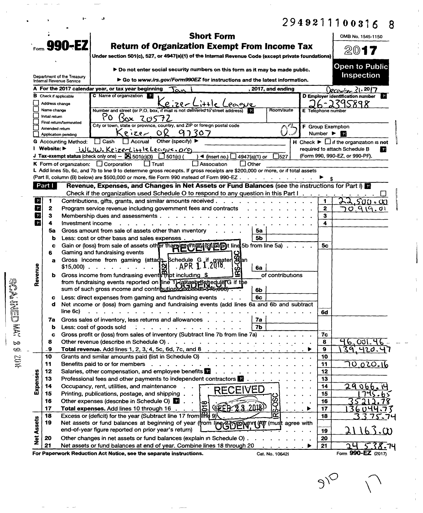 Image of first page of 2017 Form 990EZ for Little League Baseball