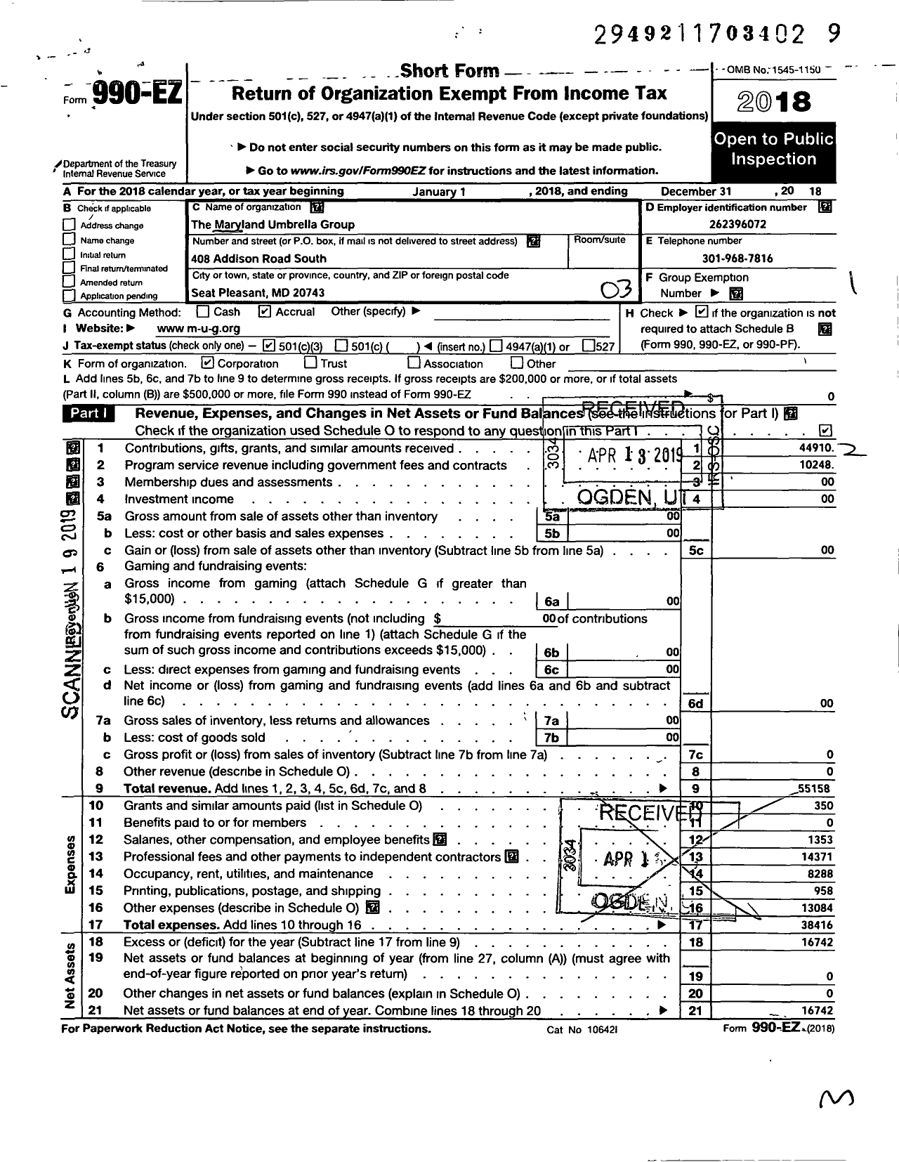 Image of first page of 2018 Form 990EZ for Maryland Umbrella Group