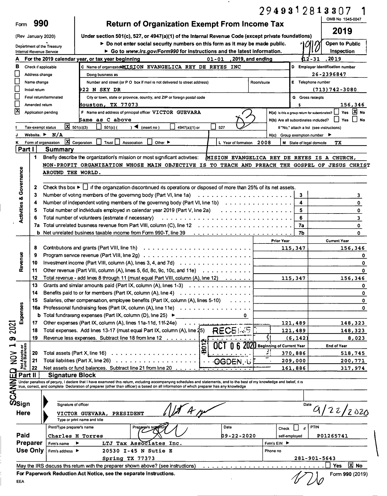 Image of first page of 2019 Form 990 for Mision Evangelica Rey de Reyes