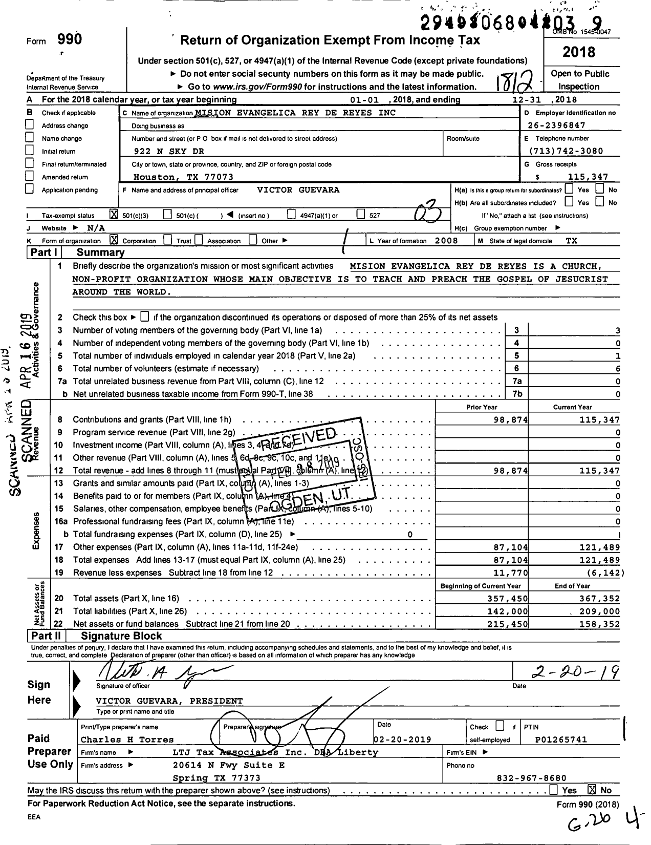 Image of first page of 2018 Form 990 for Mision Evangelica Rey de Reyes