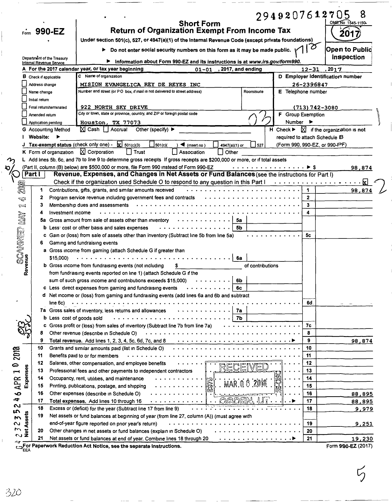 Image of first page of 2017 Form 990EZ for Mision Evangelica Rey de Reyes