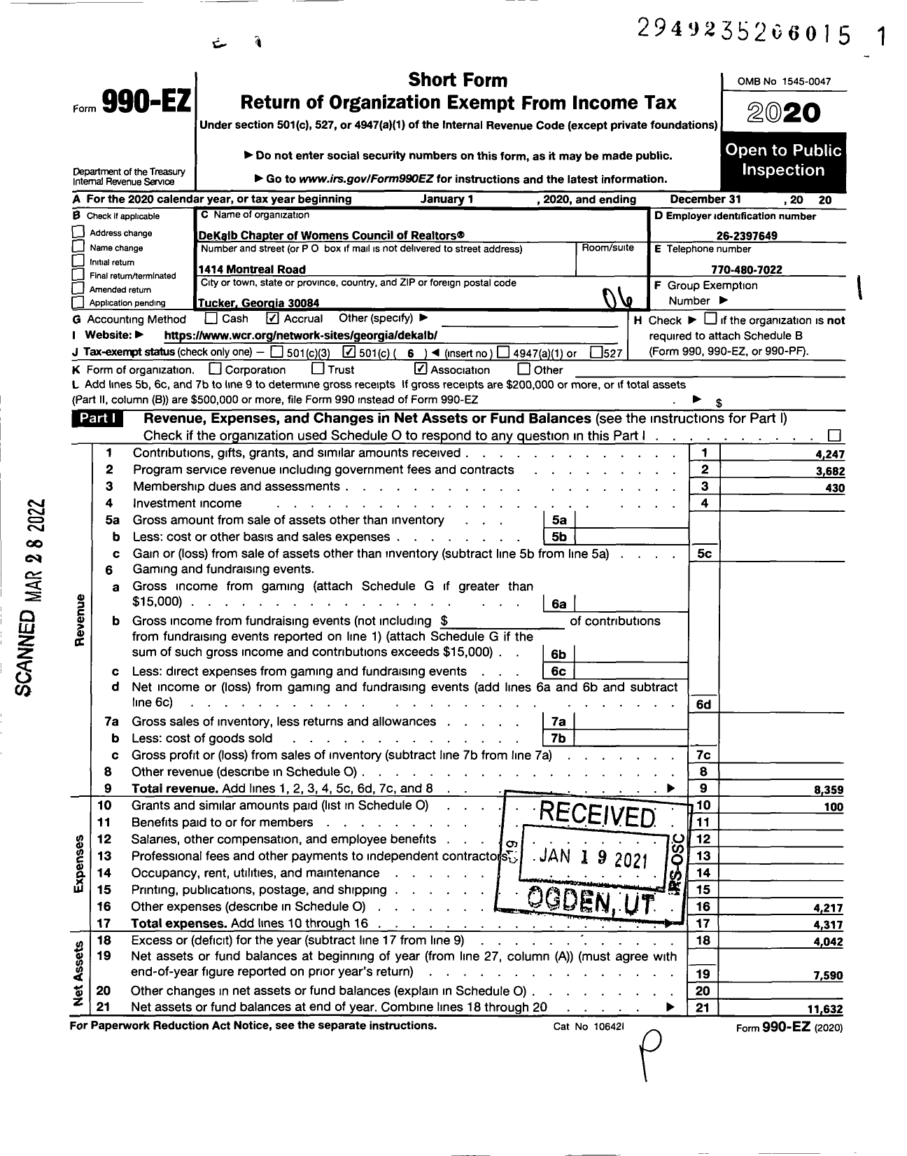 Image of first page of 2020 Form 990EO for Dekalb Chapter of the Womens Council of Realtors