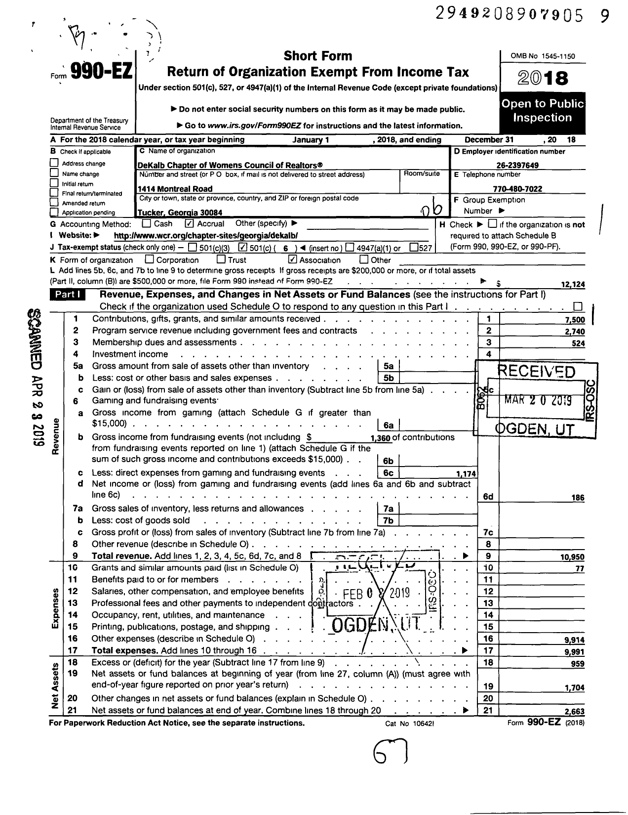 Image of first page of 2018 Form 990EO for Dekalb Chapter of the Womens Council of Realtors