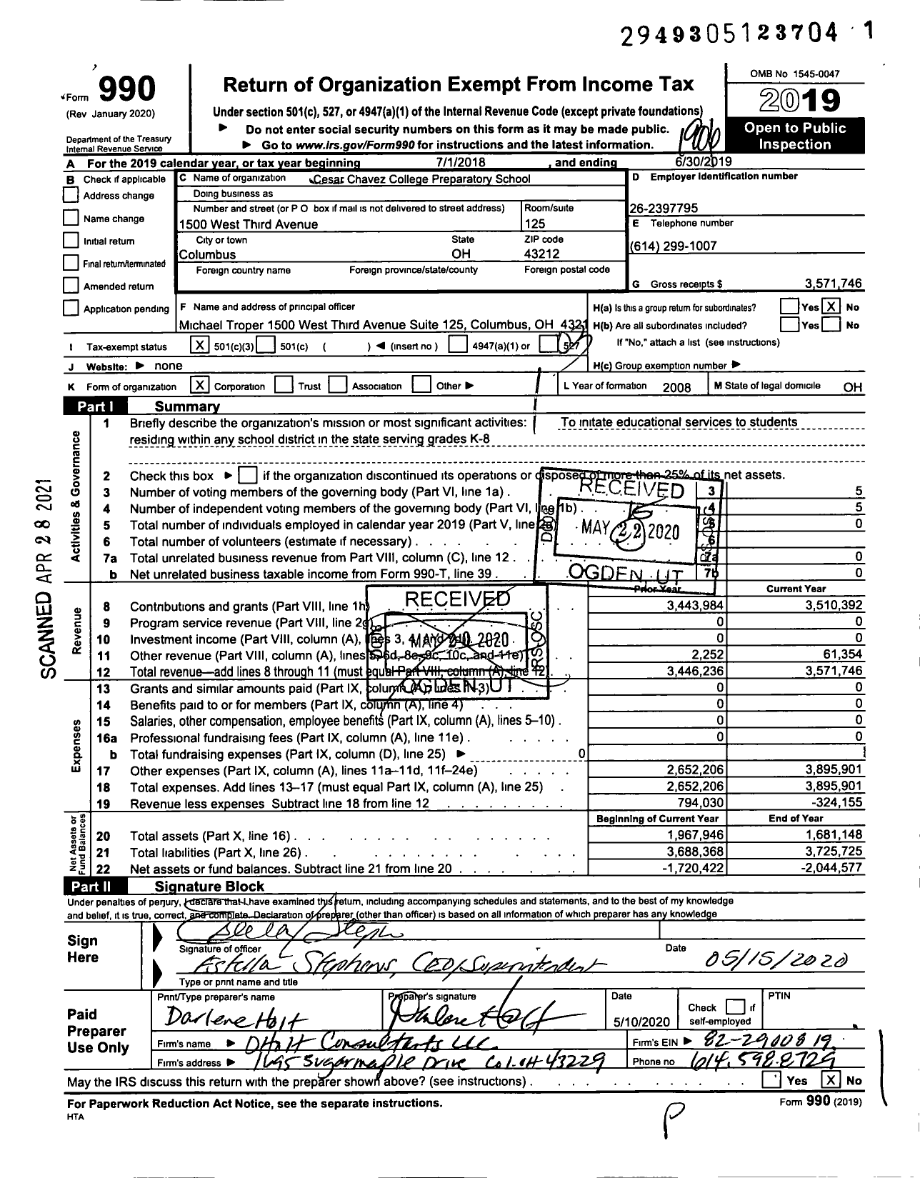 Image of first page of 2018 Form 990 for Cesar Chavez College Preparatory School