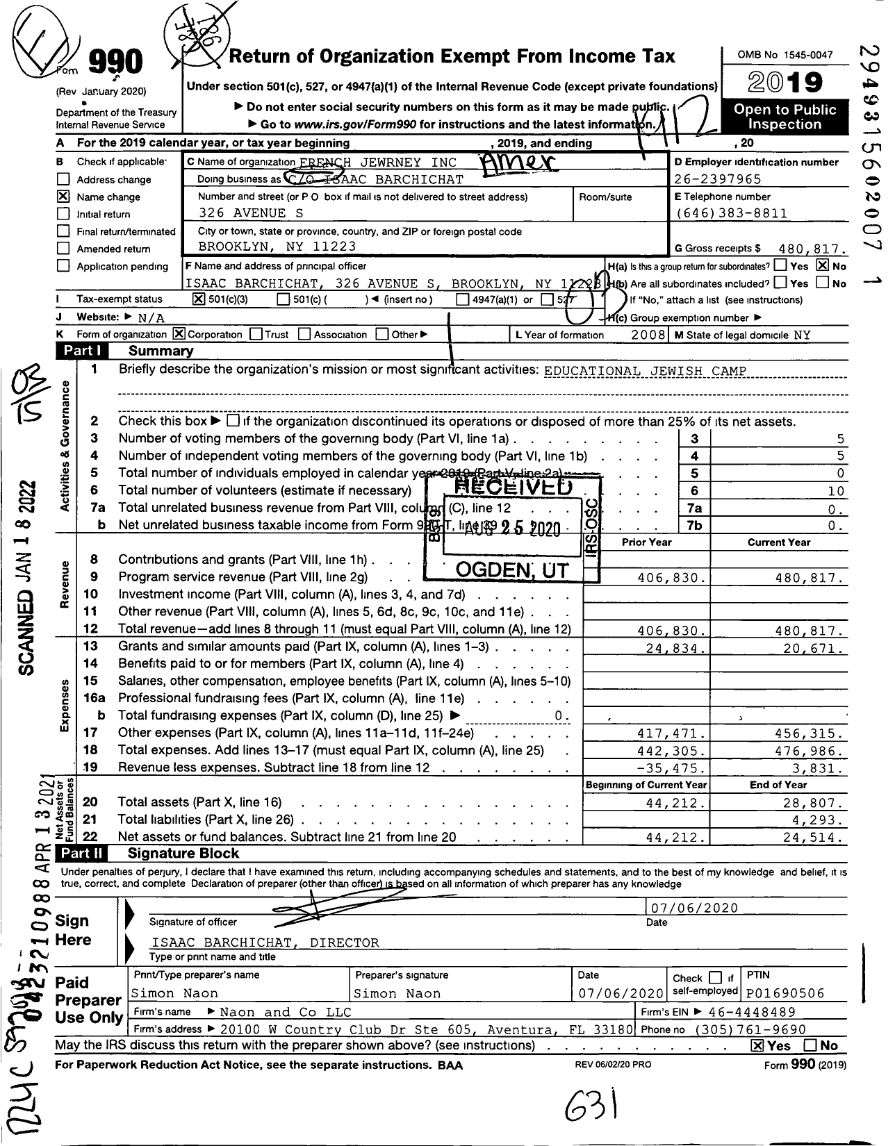 Image of first page of 2019 Form 990 for American Jewrney