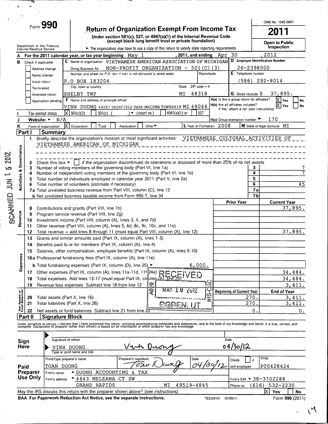 Image of first page of 2011 Form 990 for Vietnamese American Association of Michigan Or (VAAM)