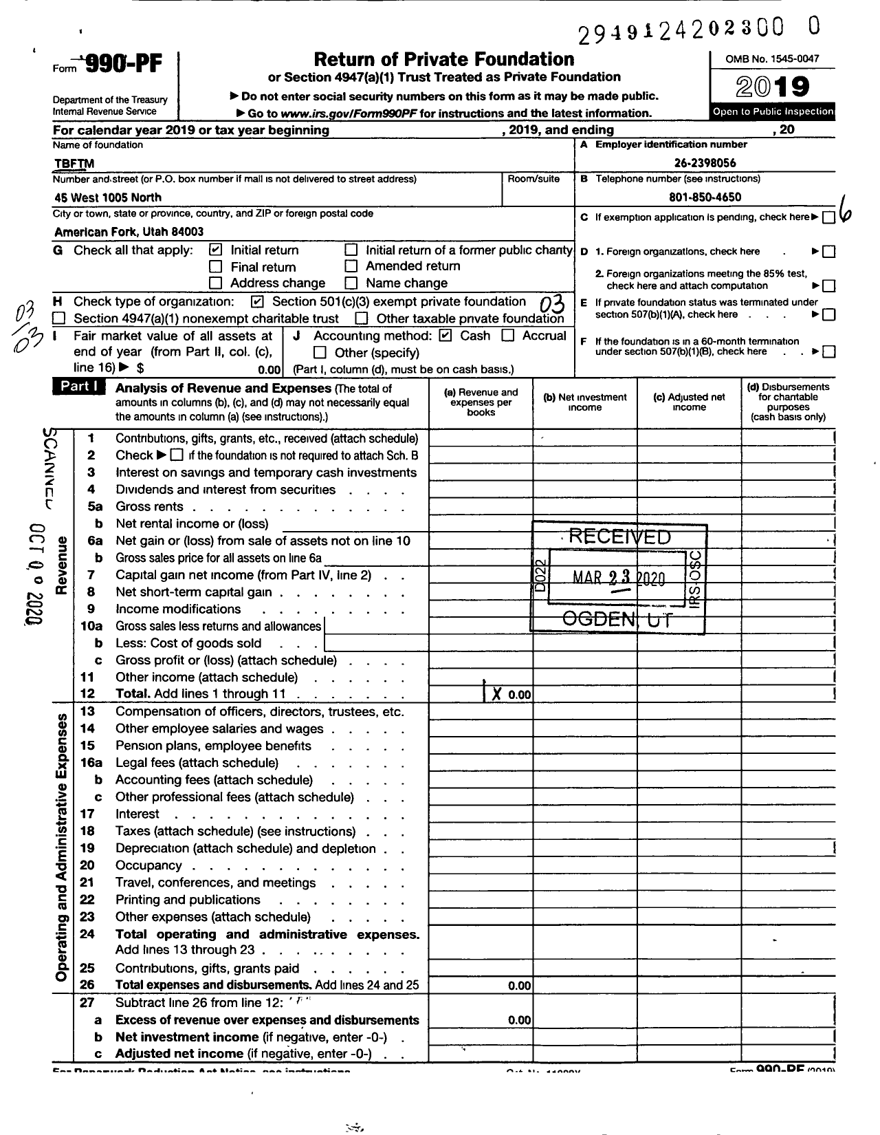 Image of first page of 2019 Form 990PR for TBFTM