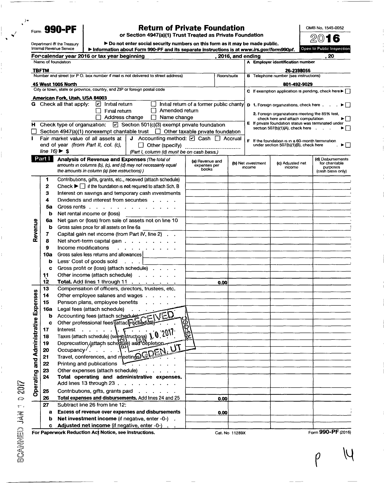 Image of first page of 2016 Form 990PF for TBFTM
