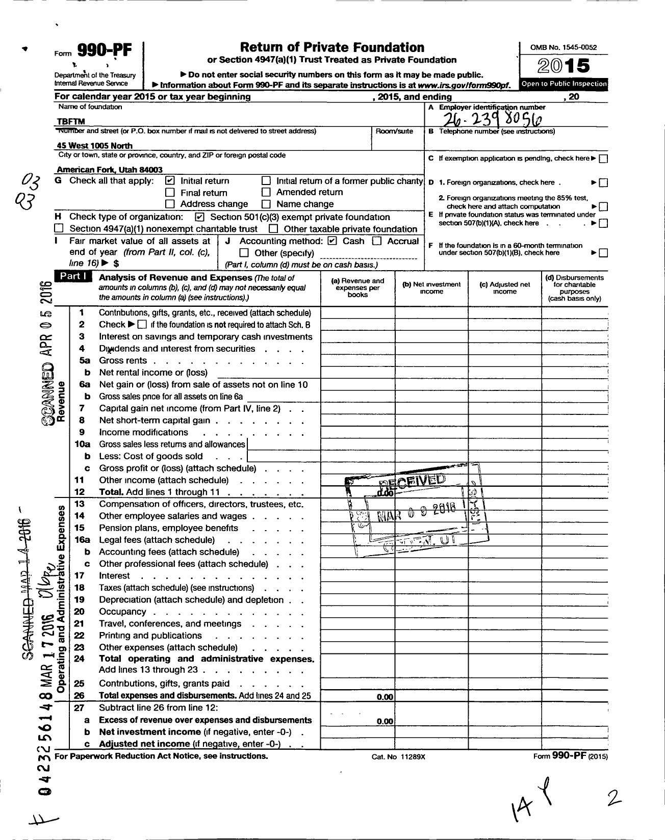 Image of first page of 2015 Form 990PF for TBFTM